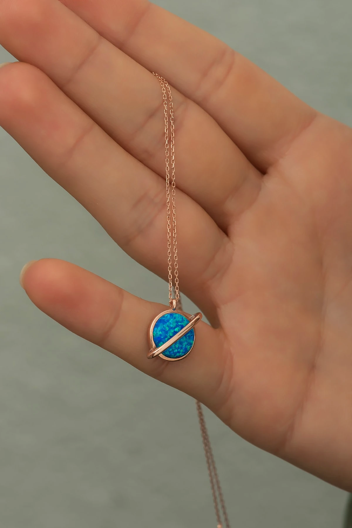 Opal Mavi Taşlı Rose Gezegen Kolye 925 Ayar Gümüş