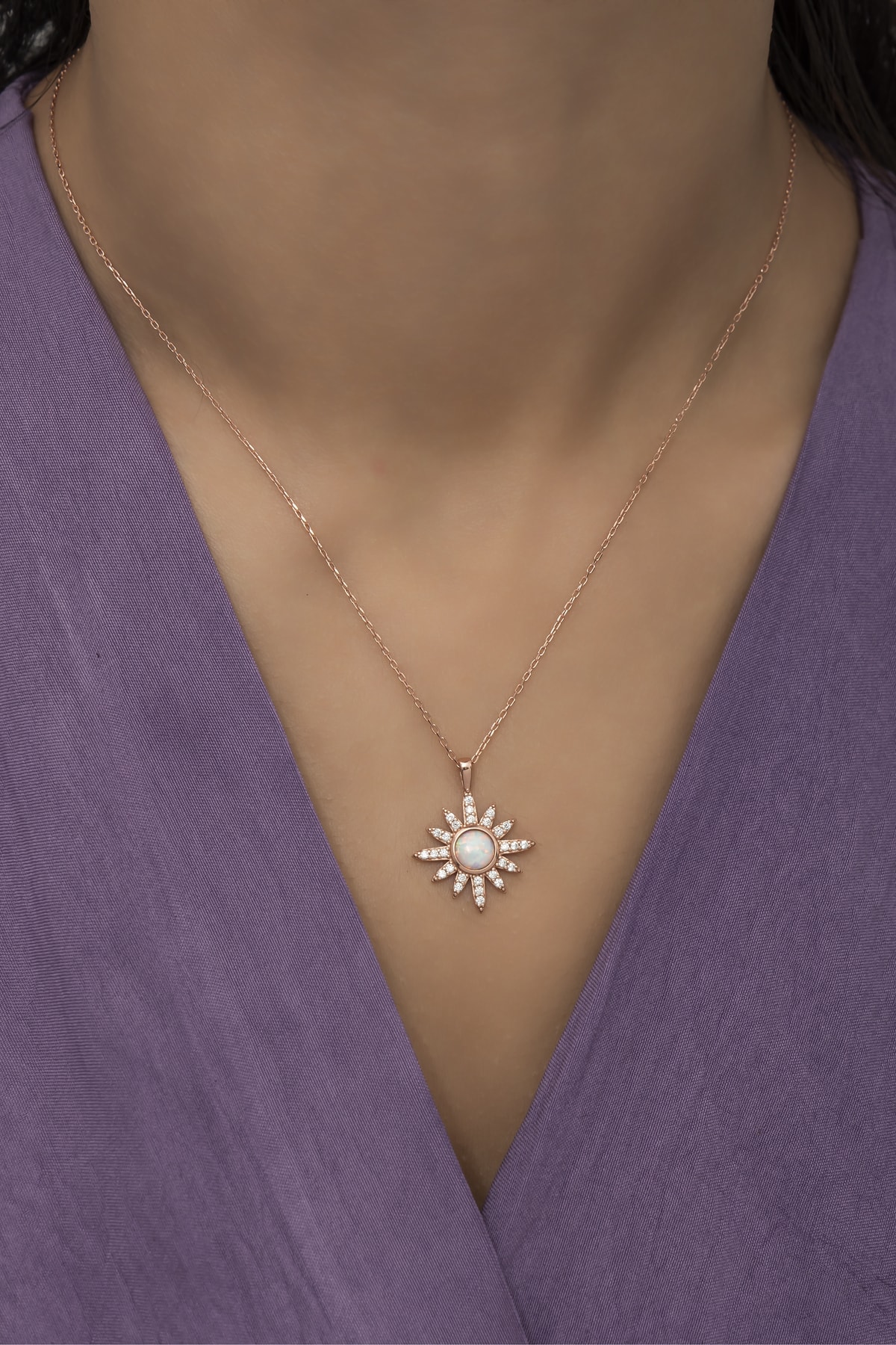 Opal Beyaz Taşlı Güneş Kolye-925 Ayar Gümüş