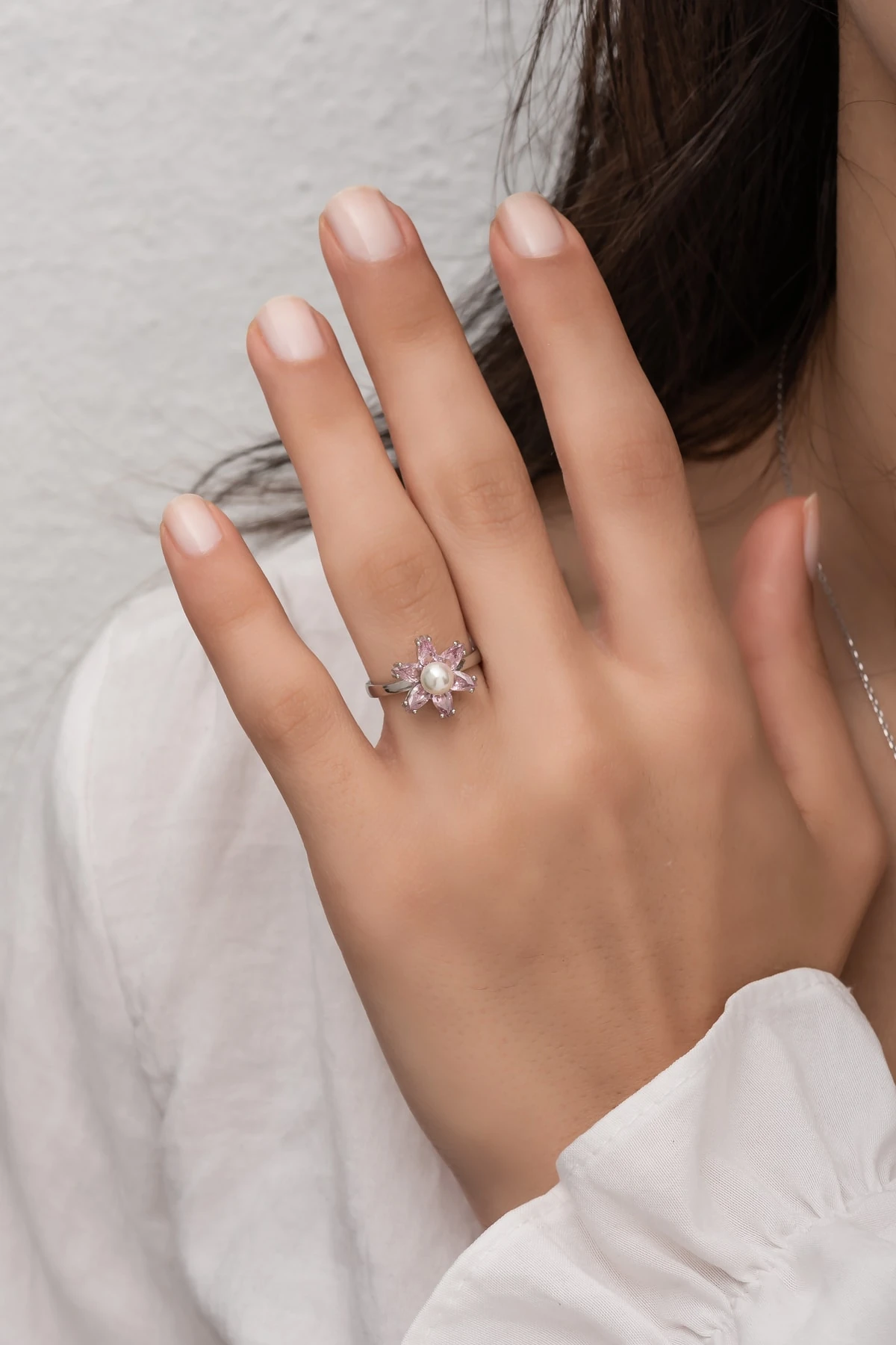 Incili Lotus Pembe Taşlı Rodaj Yüzük 925 Ayar Gümüş