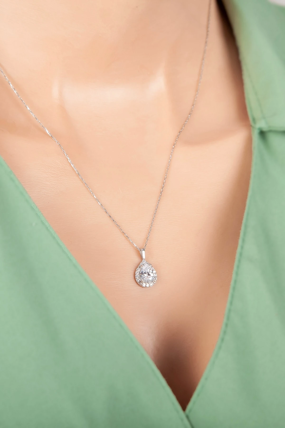 Beyaz Damla Taşlı Rodaj Kolye-925 Ayar Gümüş