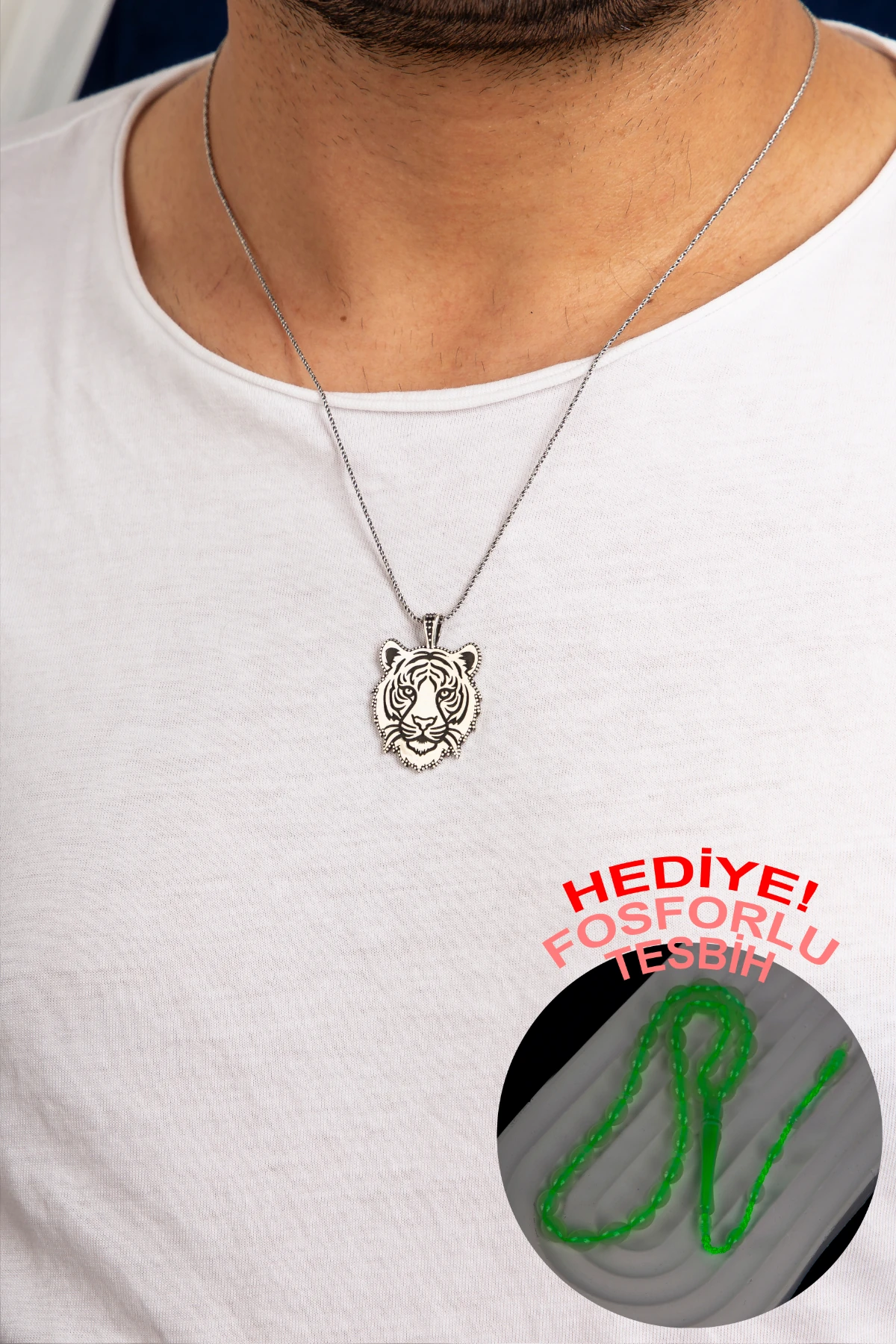 GÜMÜŞ KAPLAN FİGÜRLÜ ERKEK KOLYE