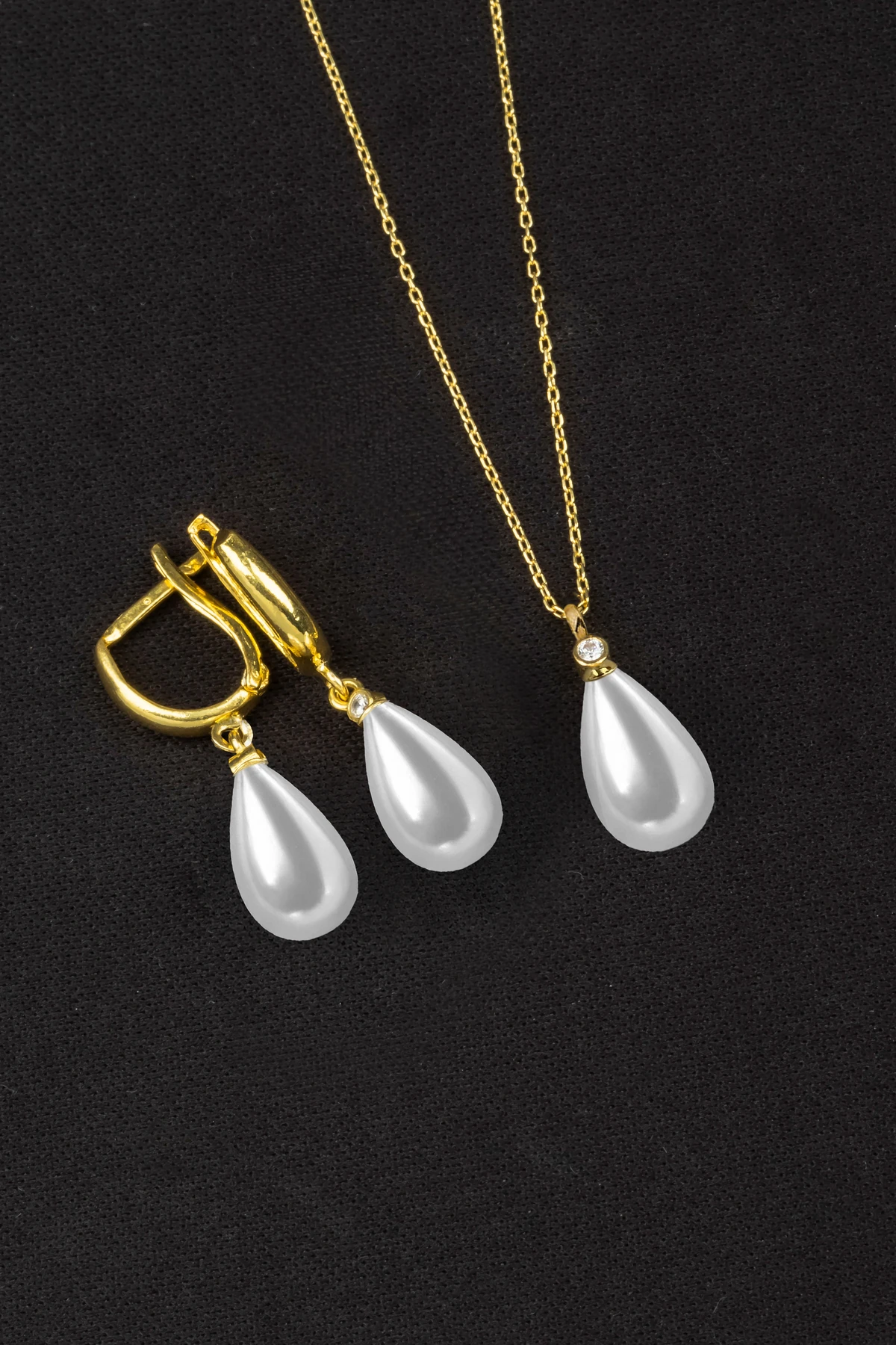 Gümüş Kadın Gold 2'li Set İnci Kolye Ve Halka Küpe 8x12 mm