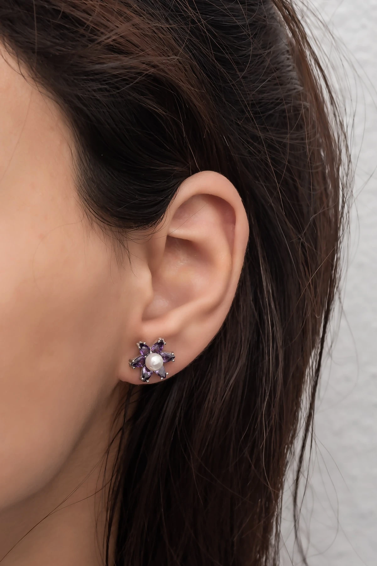 Incili Lotus Ametist Taşlı Rodaj Küpe-925 Ayar Gümüş