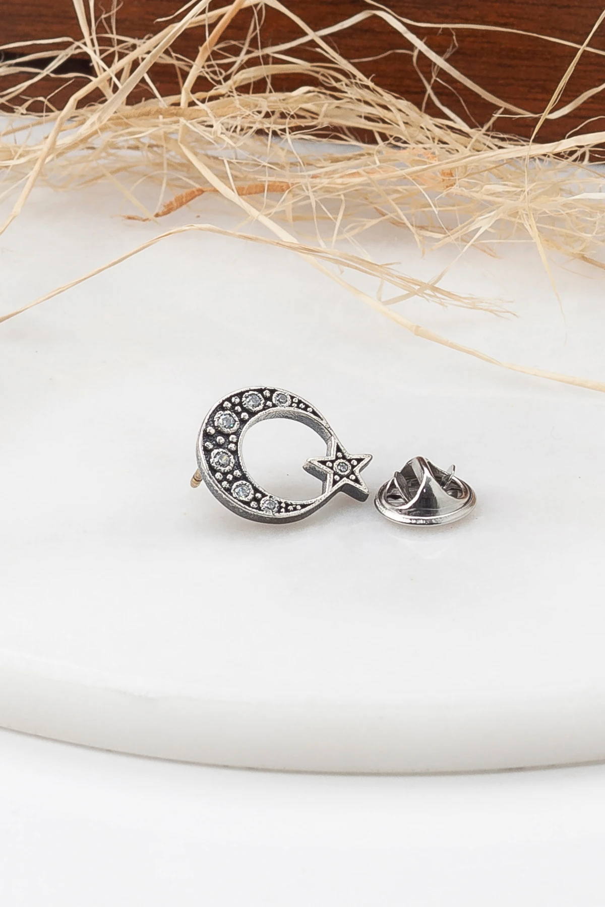 Gümüş 925 Ayar Zirkon Taşlı Ay Yıldız Yaka Rozeti