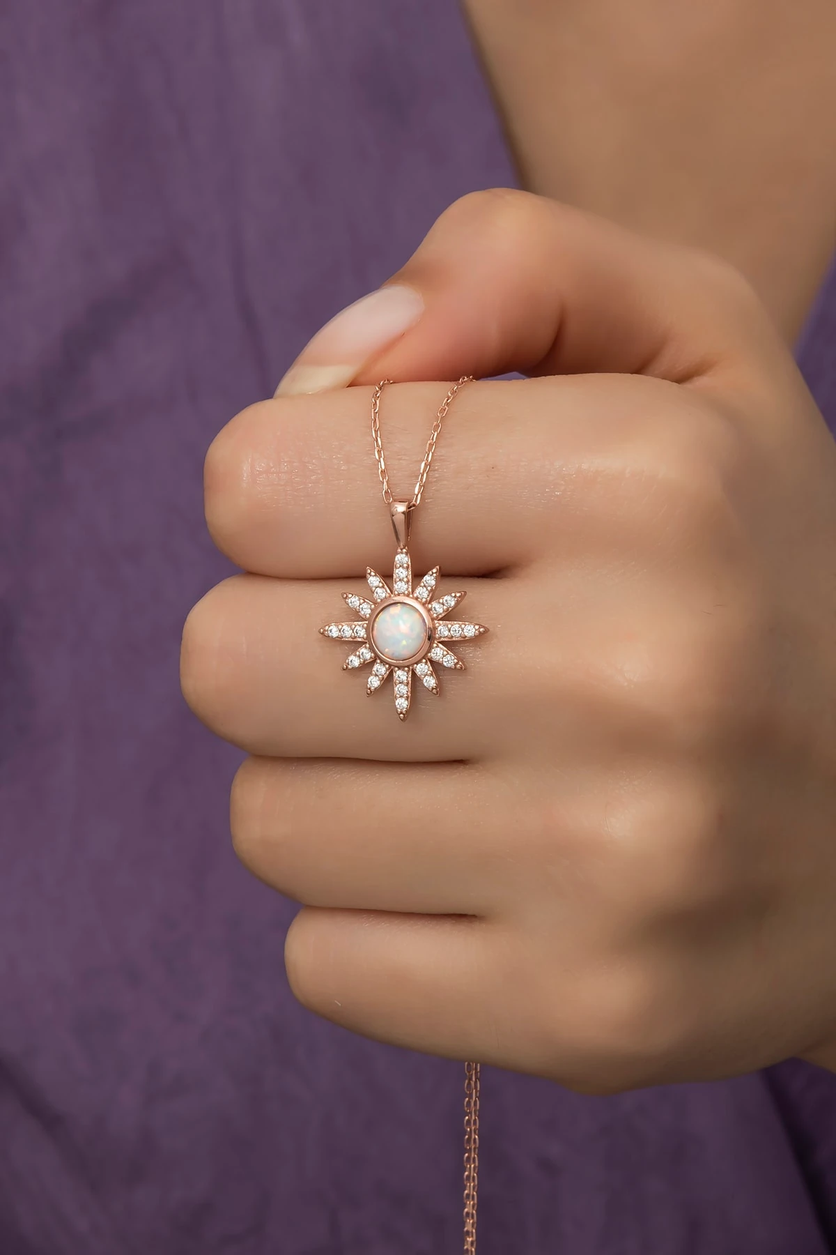 Opal Beyaz Taşlı Güneş Kolye-925 Ayar Gümüş