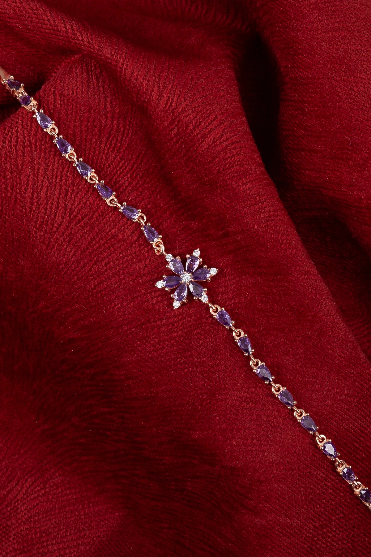 GÜMÜŞ AMETİST TAŞLI YILDIZ ÇİÇEĞİ ROSE BİLEKLİK 925 Ayar