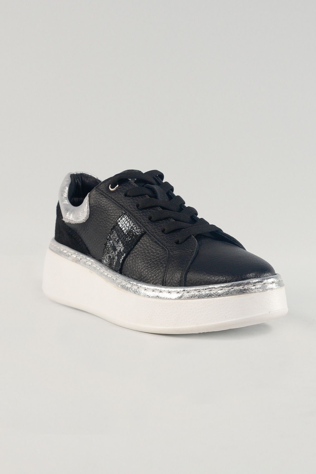 Marcella Siyah Deri Kadın Sneakers, Hakiki Deri, Günlük Ayakkabı, Spor Ayakkabı 25220