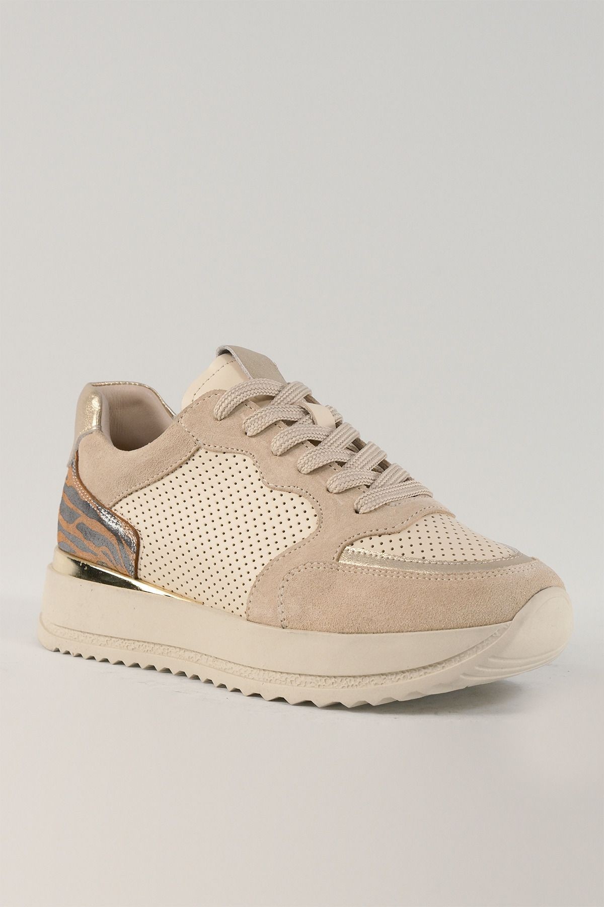 Lavinia Bej Desenli Deri Kadın Sneakers, Hakiki Deri, Günlük Ayakkabı, Spor Ayakkabı 25081