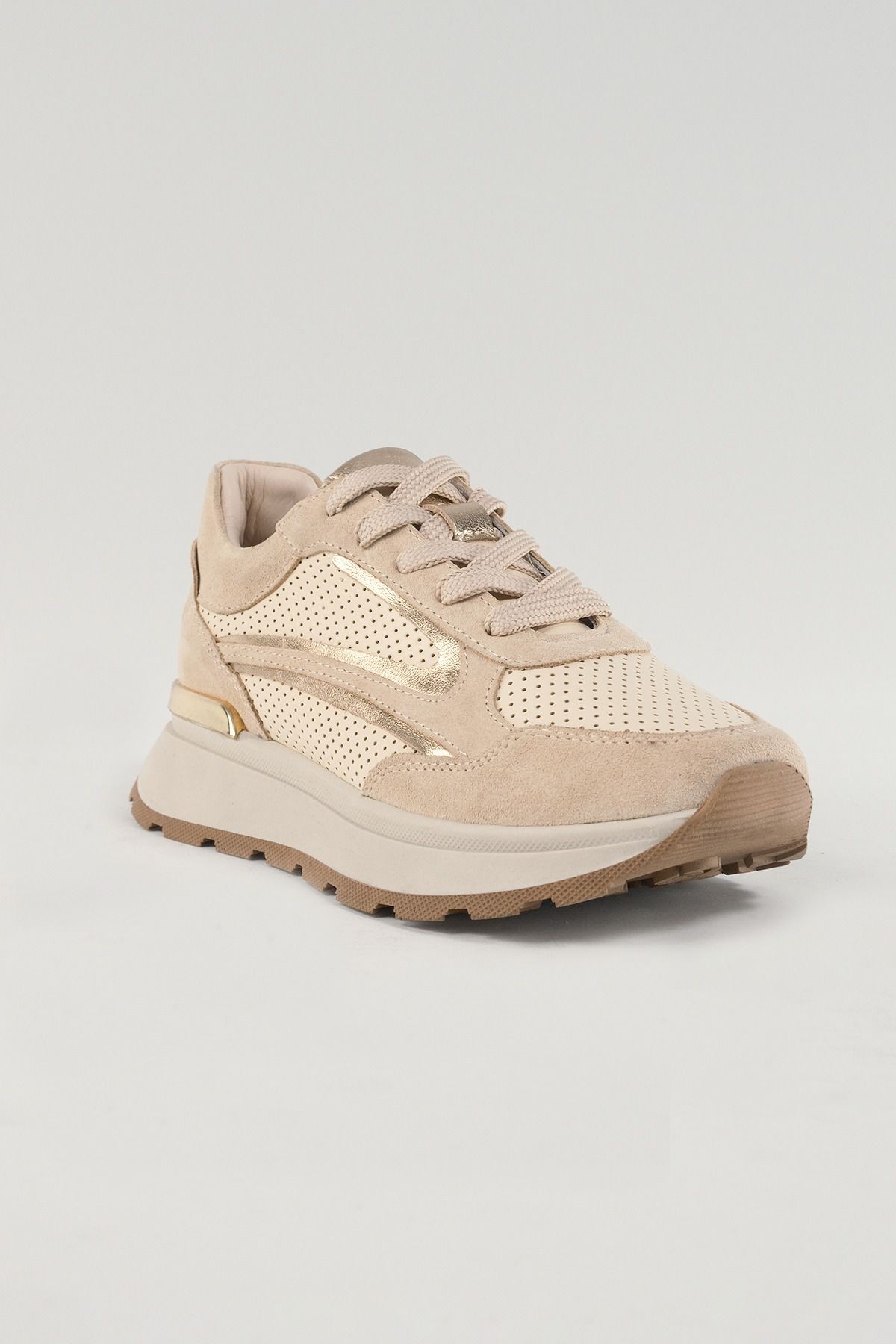 Rosalind Bej Süet Deri Kadın Sneakers, Hakiki Deri, Günlük Ayakkabı, Spor Ayakkabı 24049
