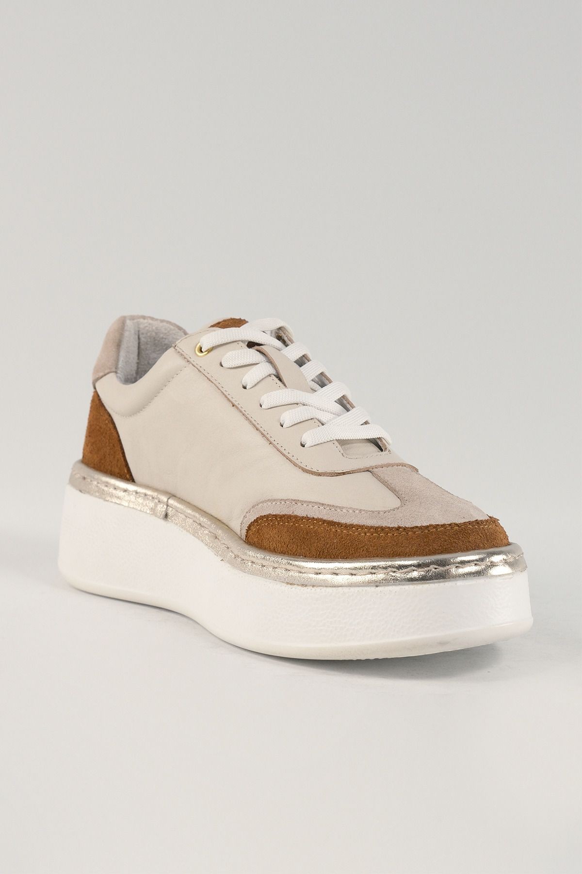 Margaux Bej Deri Kadın Sneakers, Hakiki Deri, Günlük Ayakkabı, Spor Ayakkabı 25221