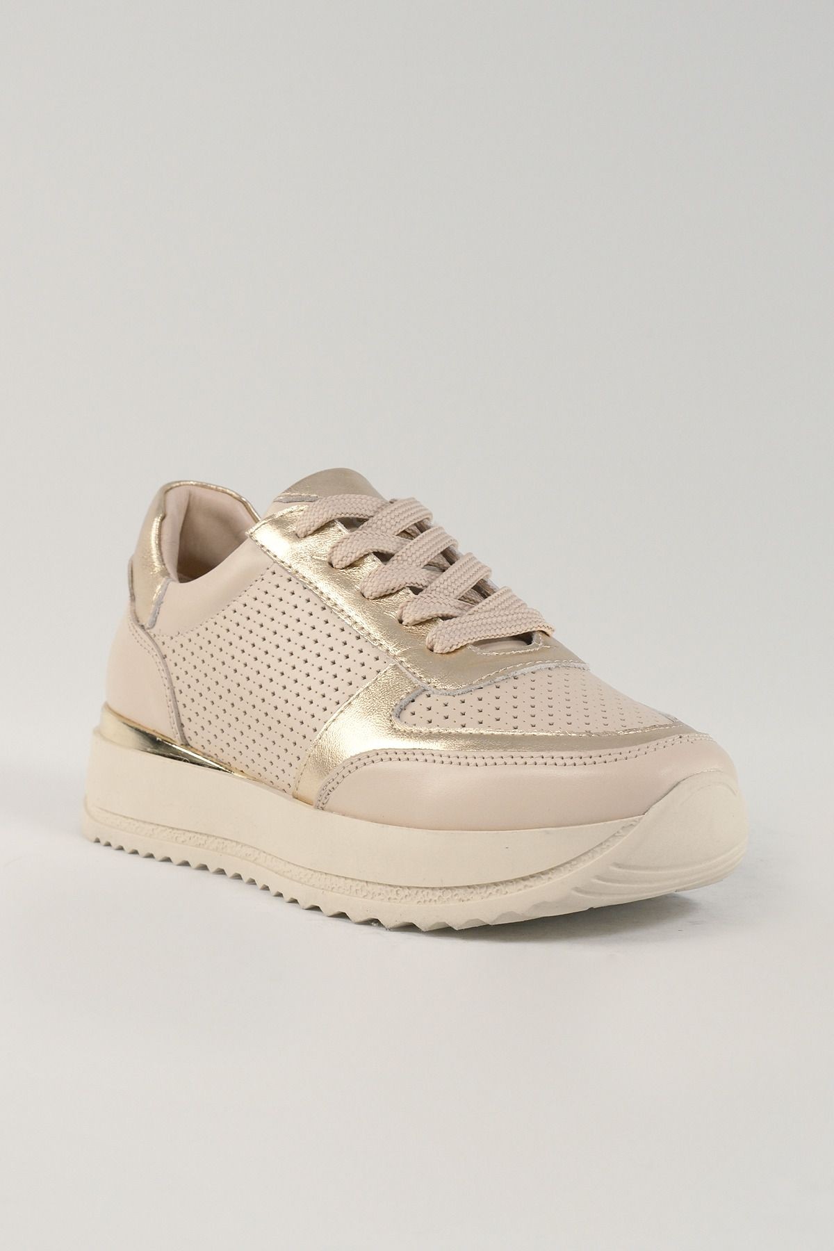 Sabine Bej Deri Kadın Sneakers, Hakiki Deri, Günlük Ayakkabı, Spor Ayakkabı 25082