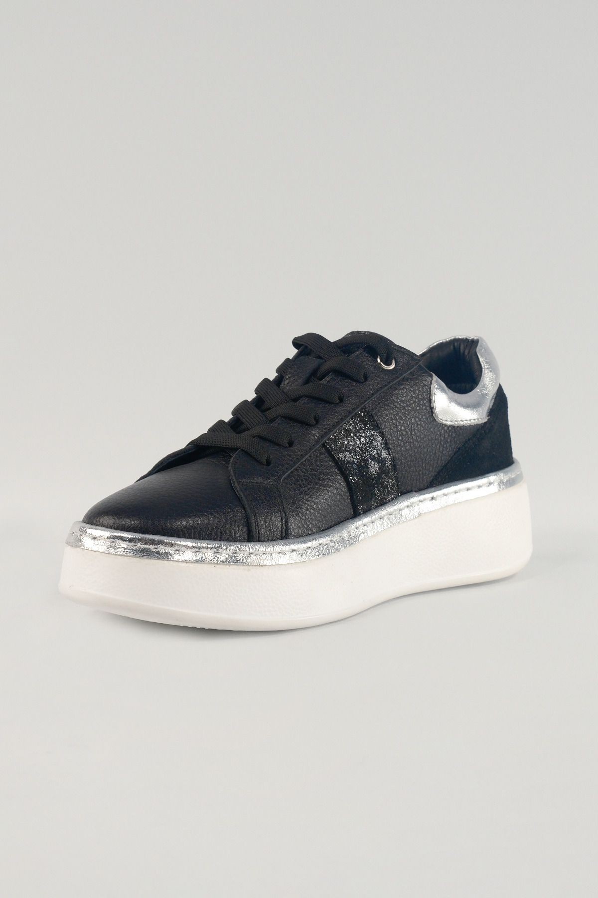 Marcella Siyah Deri Kadın Sneakers, Hakiki Deri, Günlük Ayakkabı, Spor Ayakkabı 25220