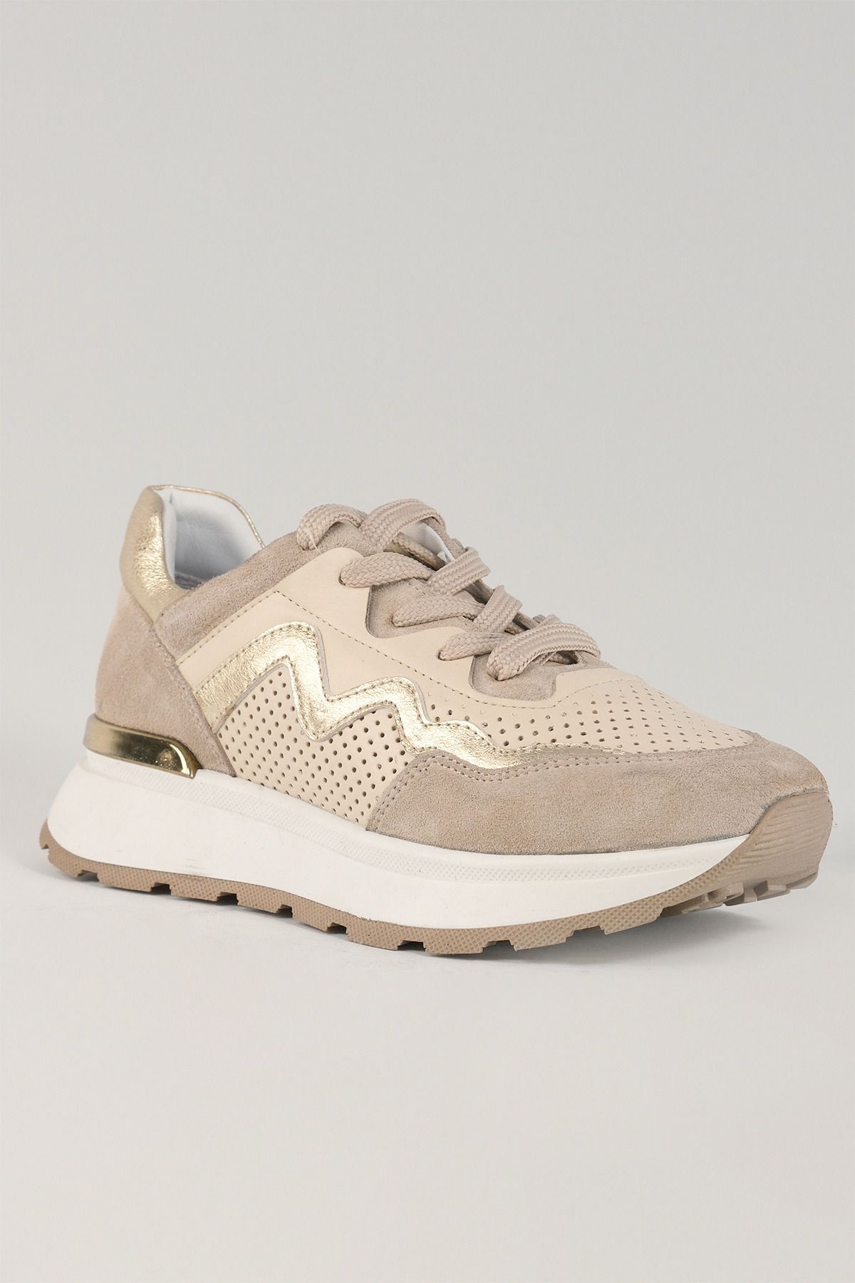 Flavia Bej Deri Kadın Sneakers, Hakiki Deri, Günlük Ayakkabı, Spor Ayakkabı 24046
