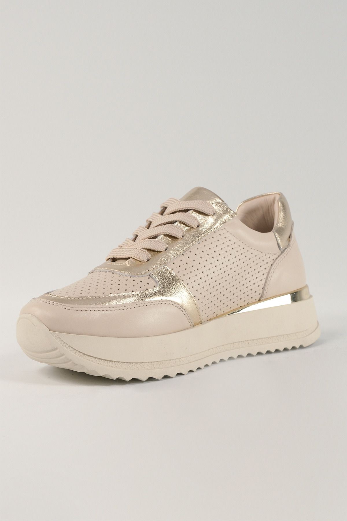 Sabine Bej Deri Kadın Sneakers, Hakiki Deri, Günlük Ayakkabı, Spor Ayakkabı 25082