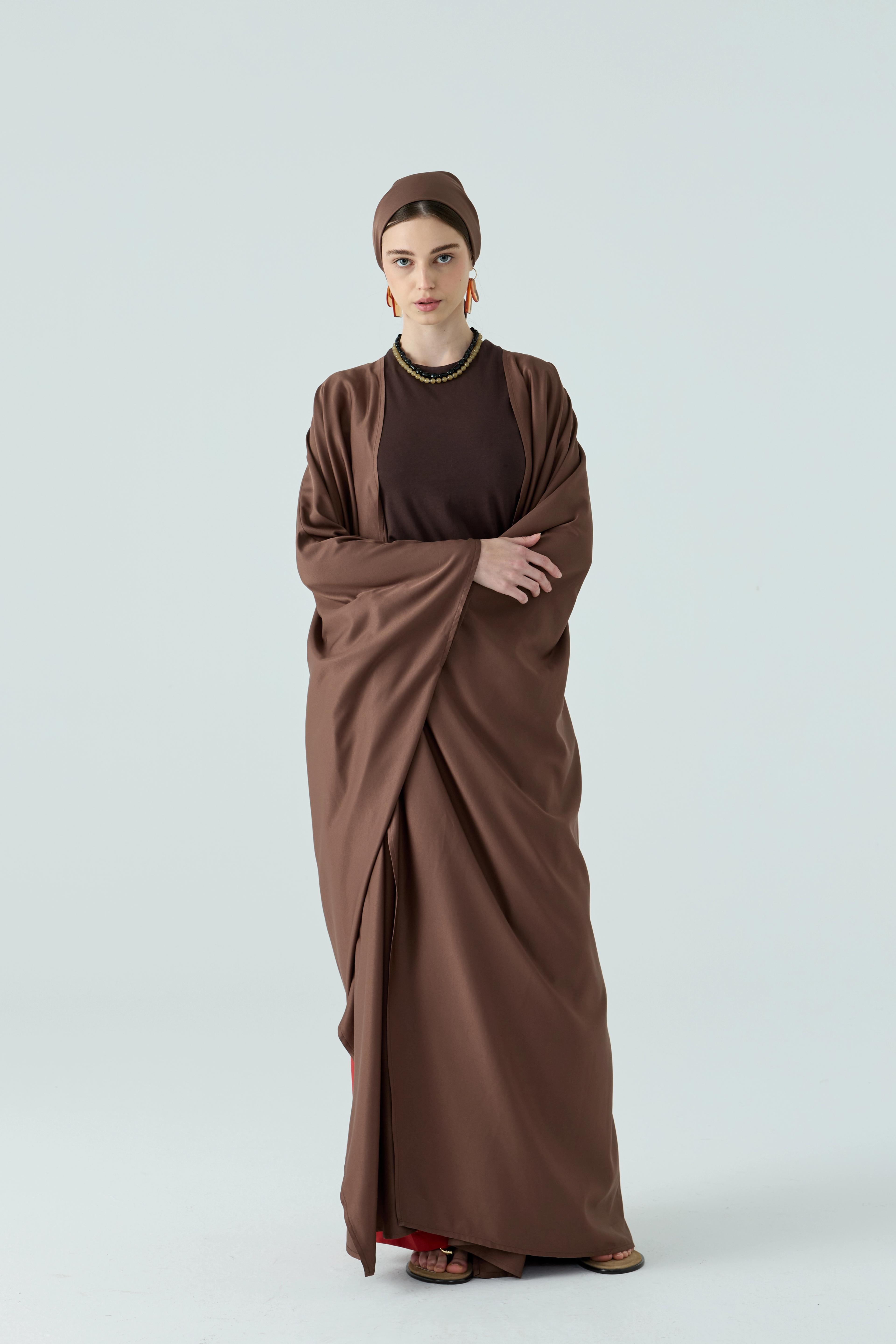 Kahverengi Şal Detaylı Abaya