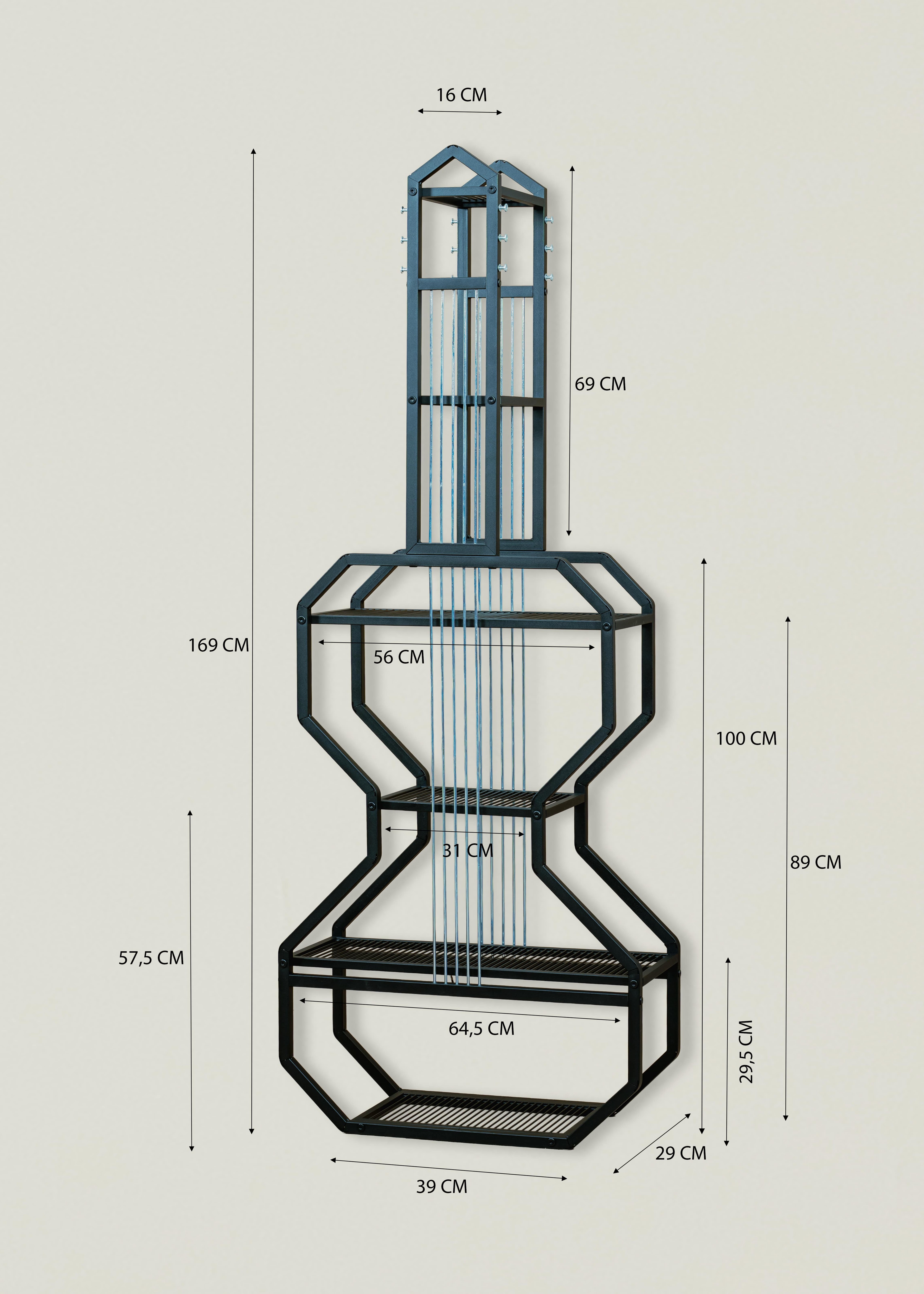 Dekoratif Metal Gitar Tasarımlı Kitaplık ve Raf Ünitesi – Modern Endüstriyel Tasarım, Çok Katlı Kitap ve Dekor Rafı