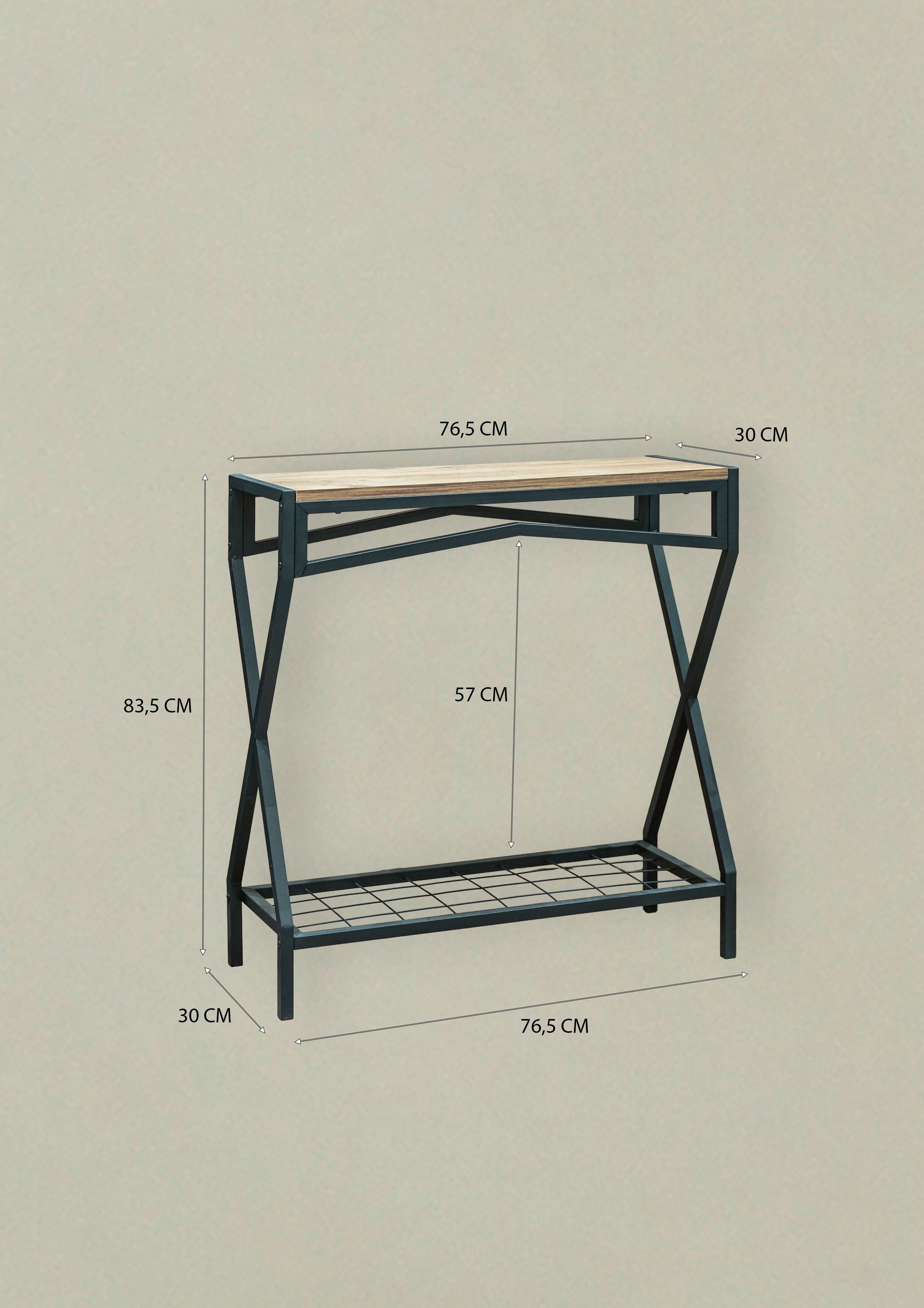 Ahşap Raflı Metal Dresuar – Salon ve Hol İçin Çok Amaçlı Dekoratif Raf