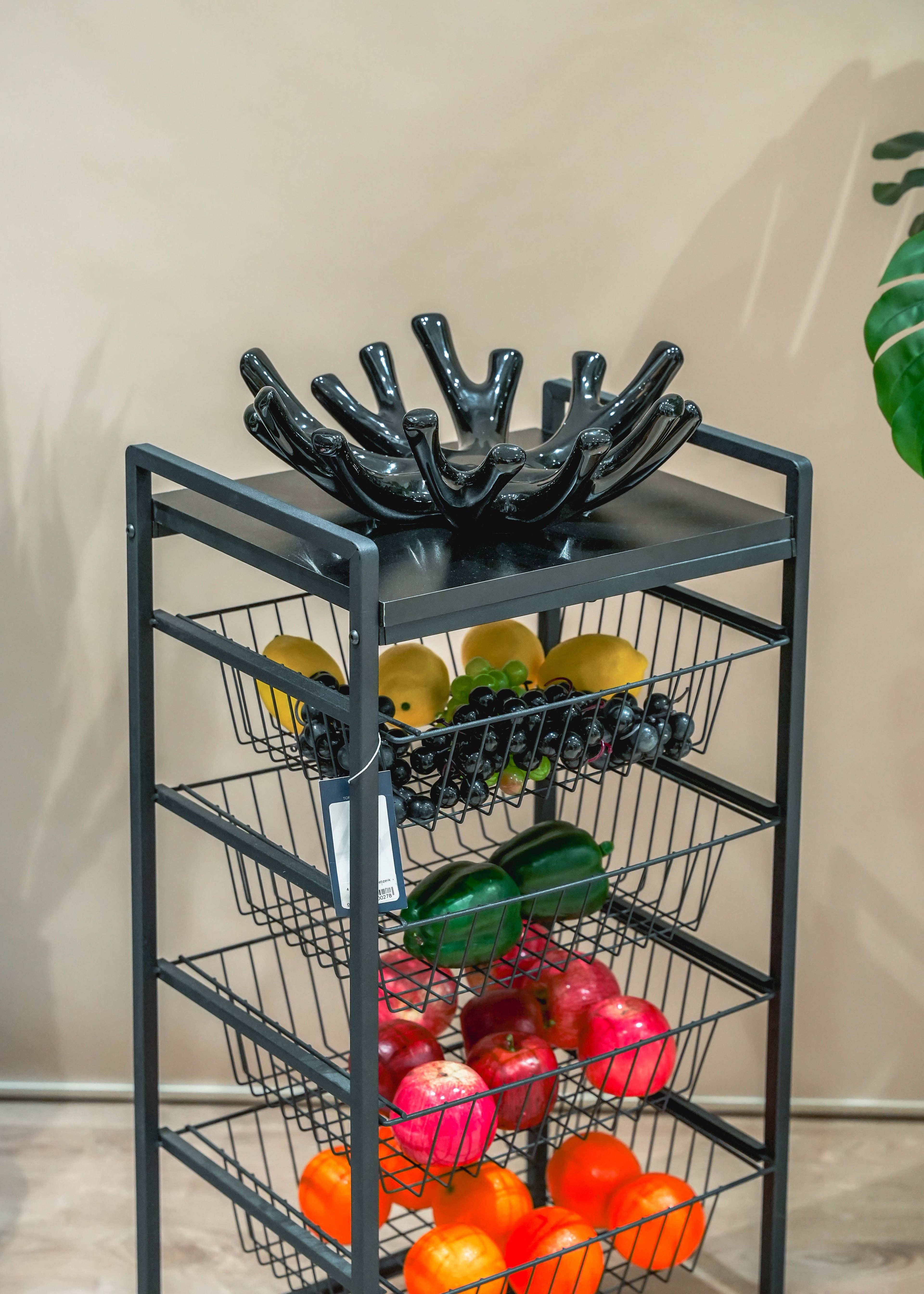 Ahşap Raflı Metal Çekmeceli Mutfak Rafı Tekerlekli Çok Amaçlı Dekoratif Sebzelik 4 Sepetli Stand