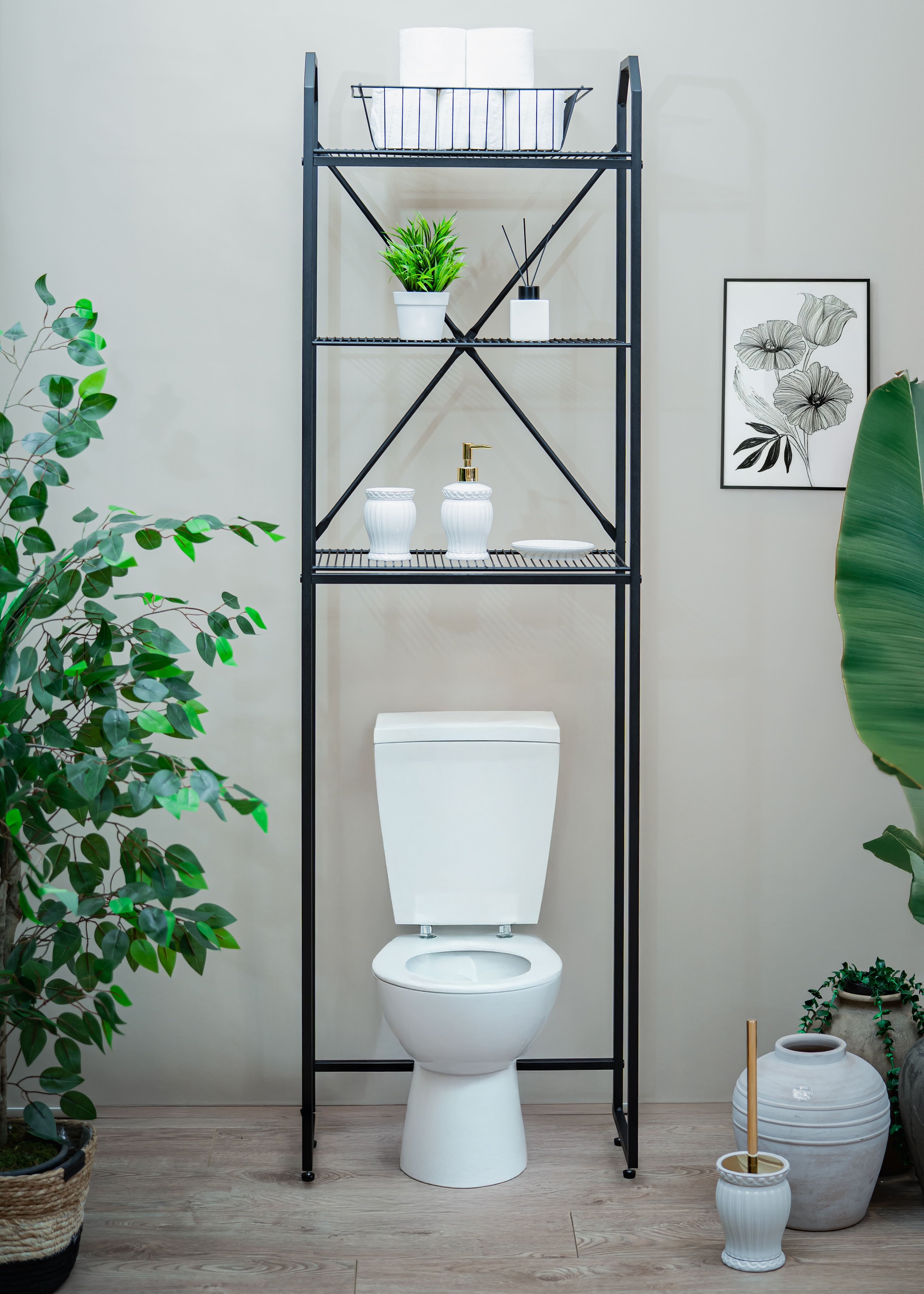 3 Raflı Metal Klozet Üstü Banyo Rafı – Düzenleyici ve Depolama Dolabı