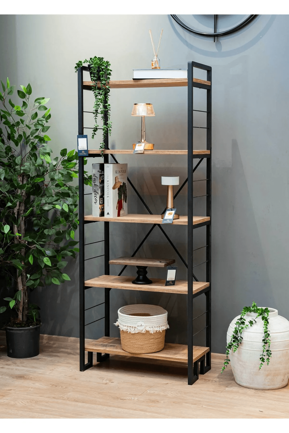 5 Katlı Metal Ahşap Raflı Kitaplık – Çok Amaçlı Raf Sistemi
