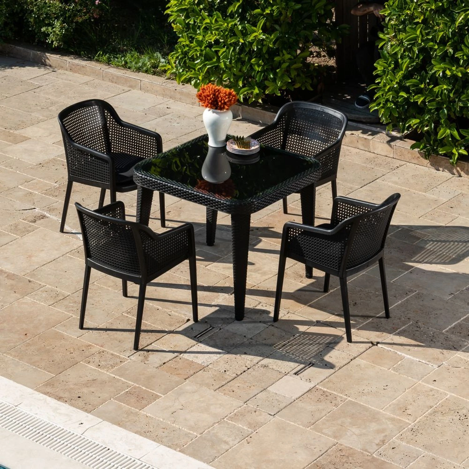 MASA TAKIMI 90X90 CM OKARA / ACACIA 4 KİŞİLİK CAMLI RATTAN