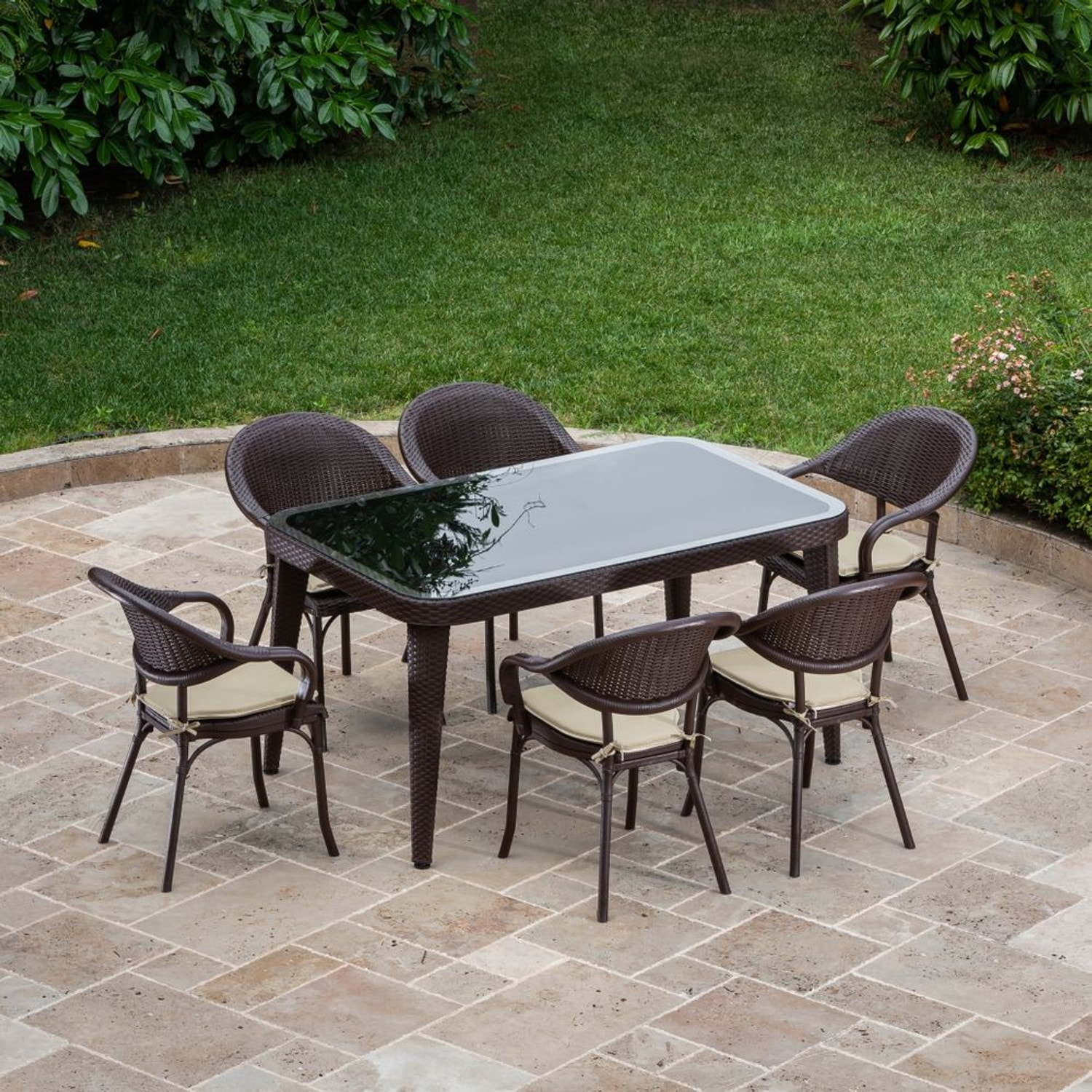 MASA TAKIMI 90X150 CM OKARA / FLAX-R 6 KİŞİLİK CAMLI RATTAN | BEJ RENK