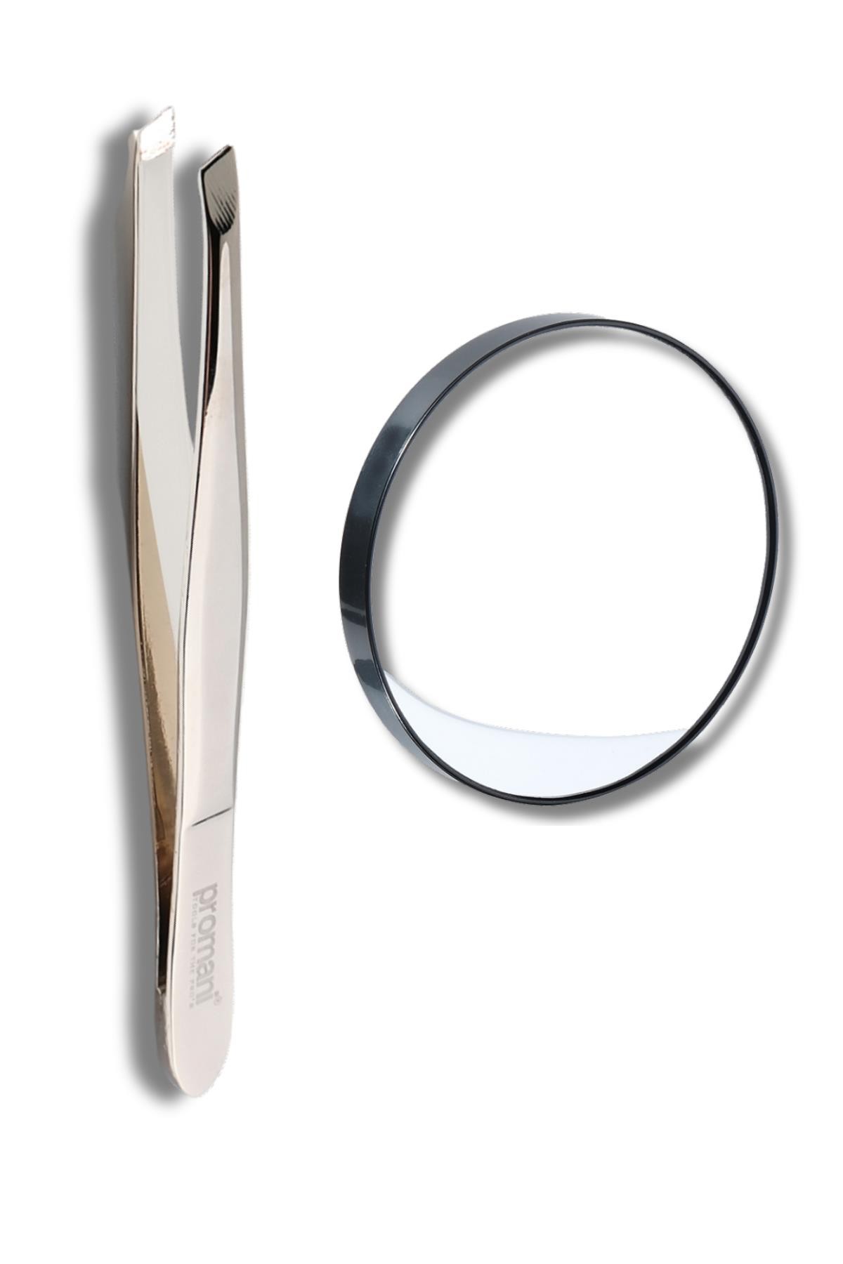 Promani Flat Tip Tweezers + 10x Magnifying Mirror