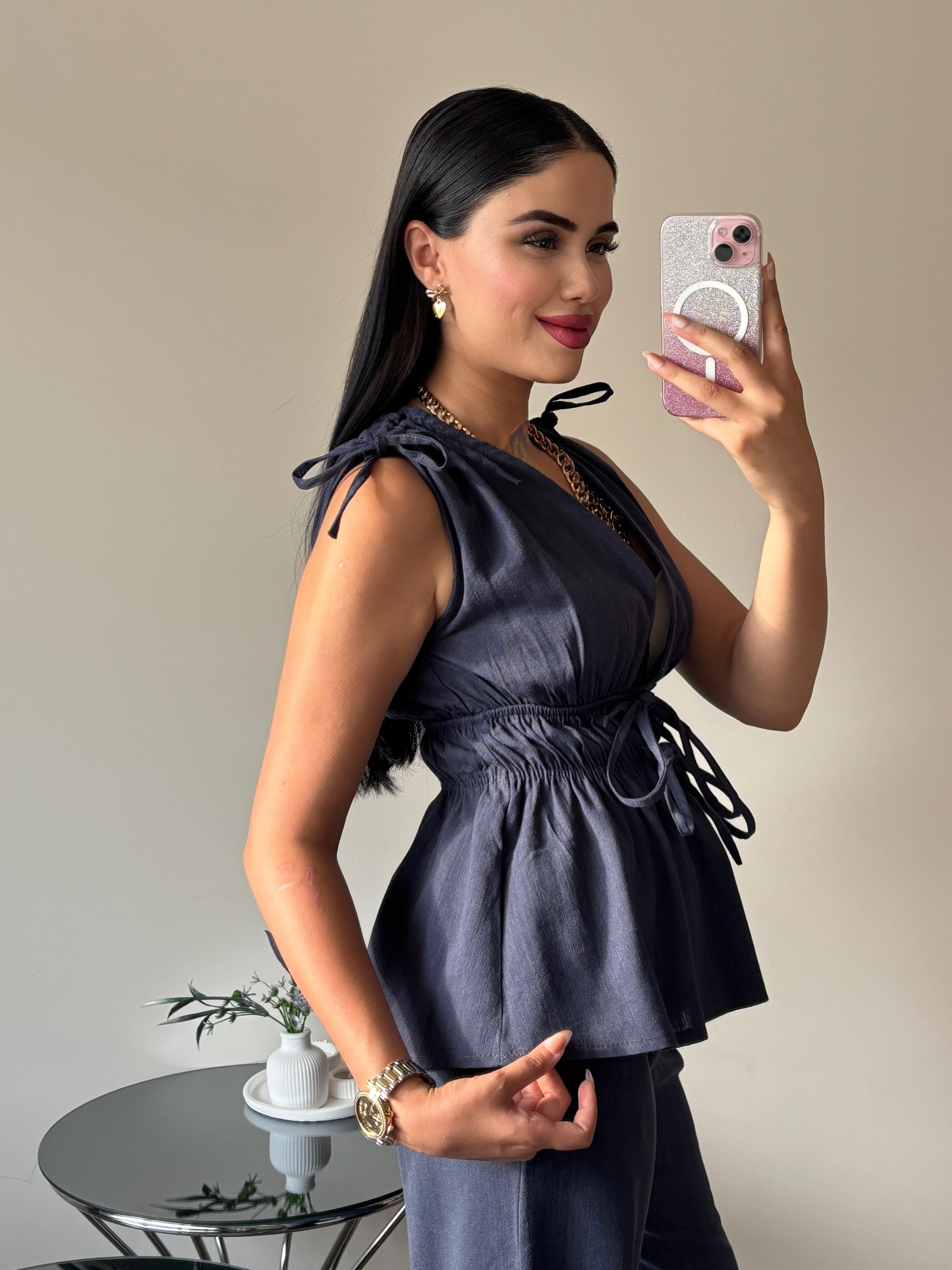 Lacivert Lastik Detaylı Bluz Pantolon Takım