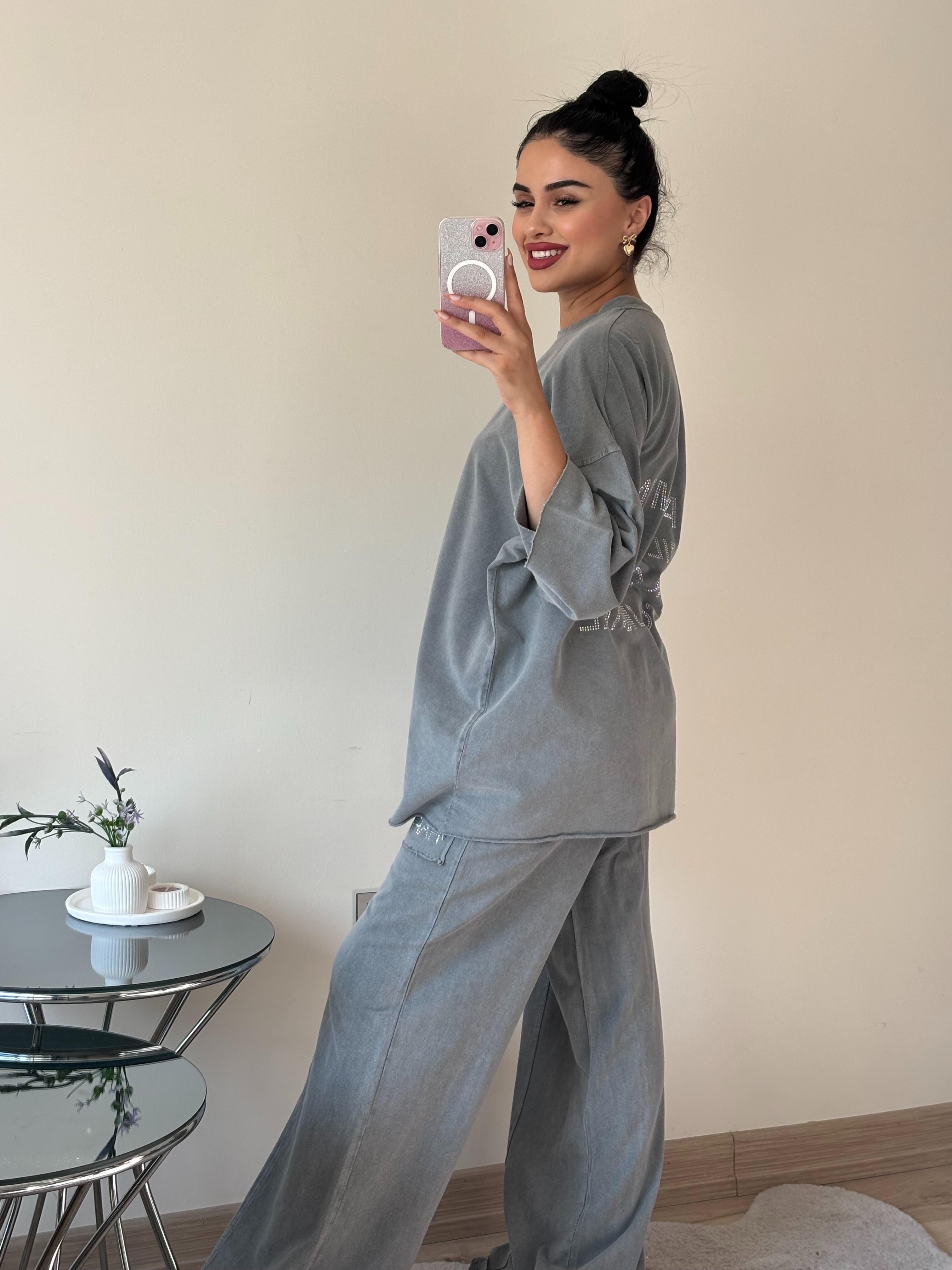2 İplik %100 Pamuk Kumaş Yıkamalı Taşlı Oversize StoneFit Takım Gri