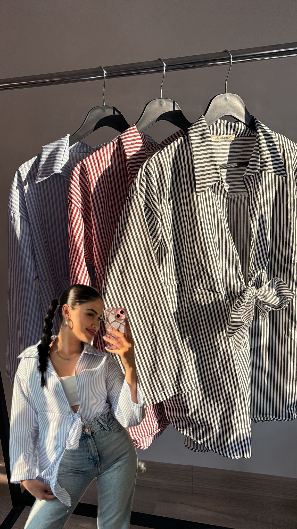 Oversize Bağlamalı Bordo Çizgili Gömlek 