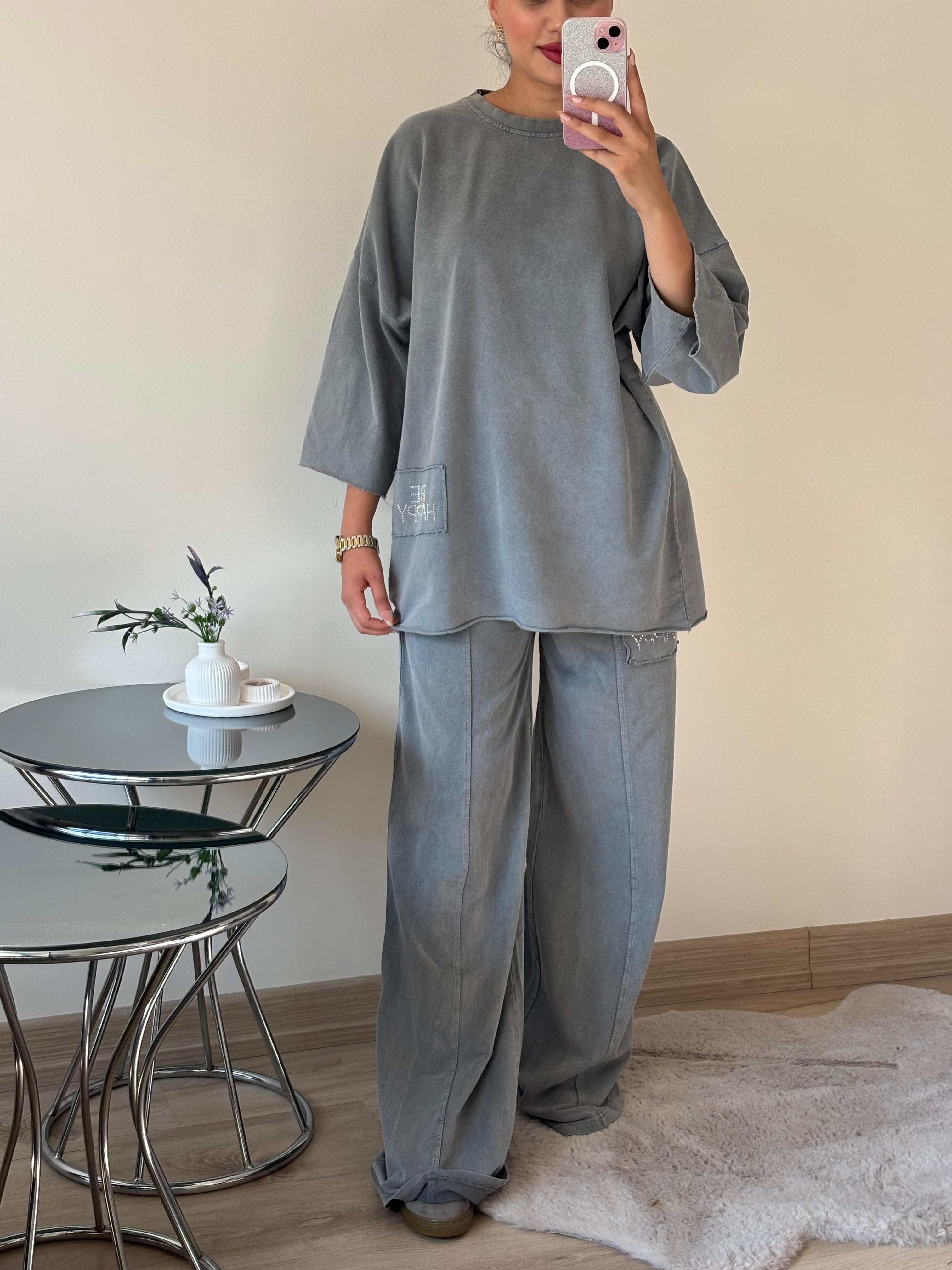 2 İplik %100 Pamuk Kumaş Yıkamalı Taşlı Oversize StoneFit Takım Gri