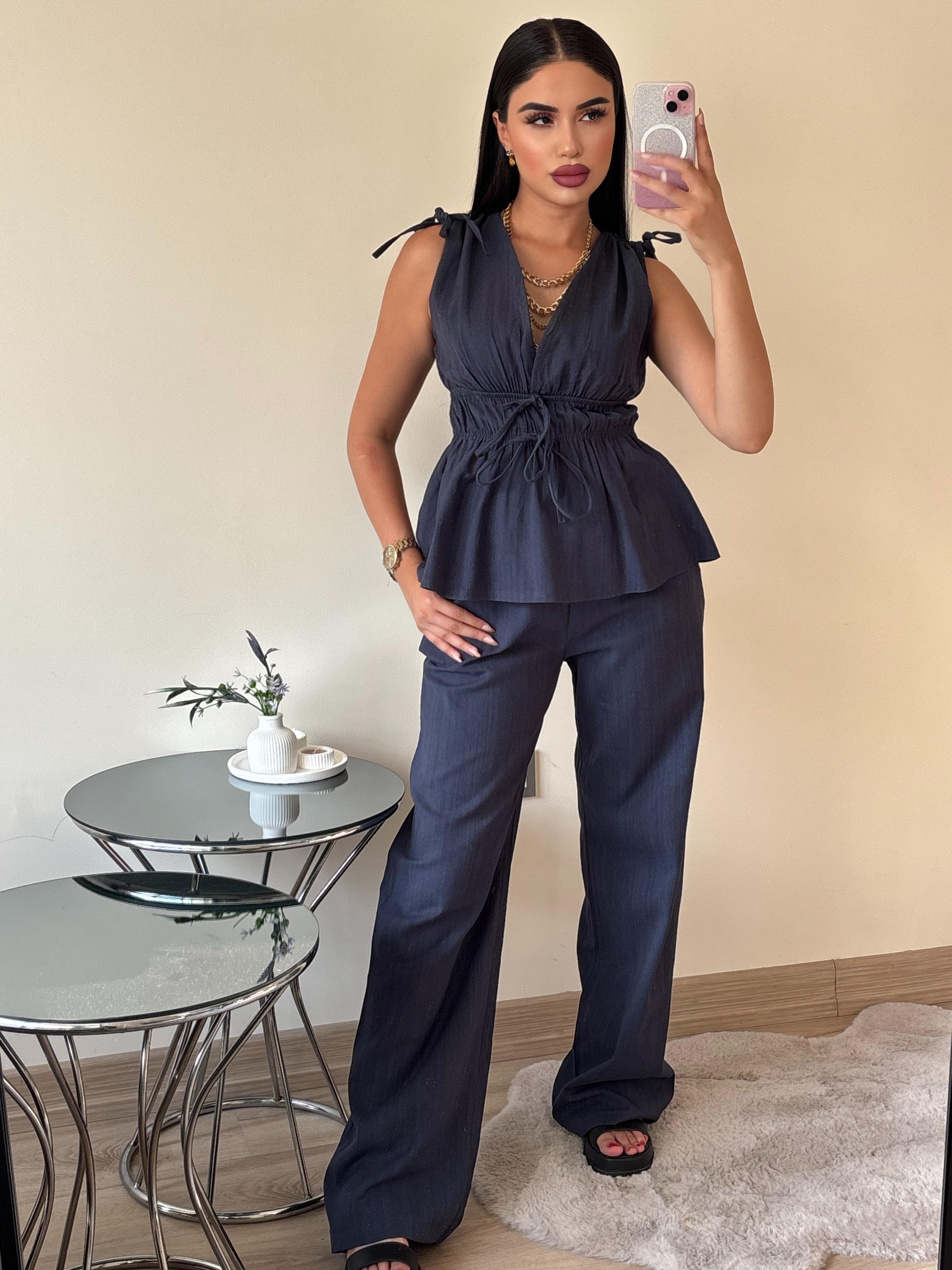 Lacivert Lastik Detaylı Bluz Pantolon Takım