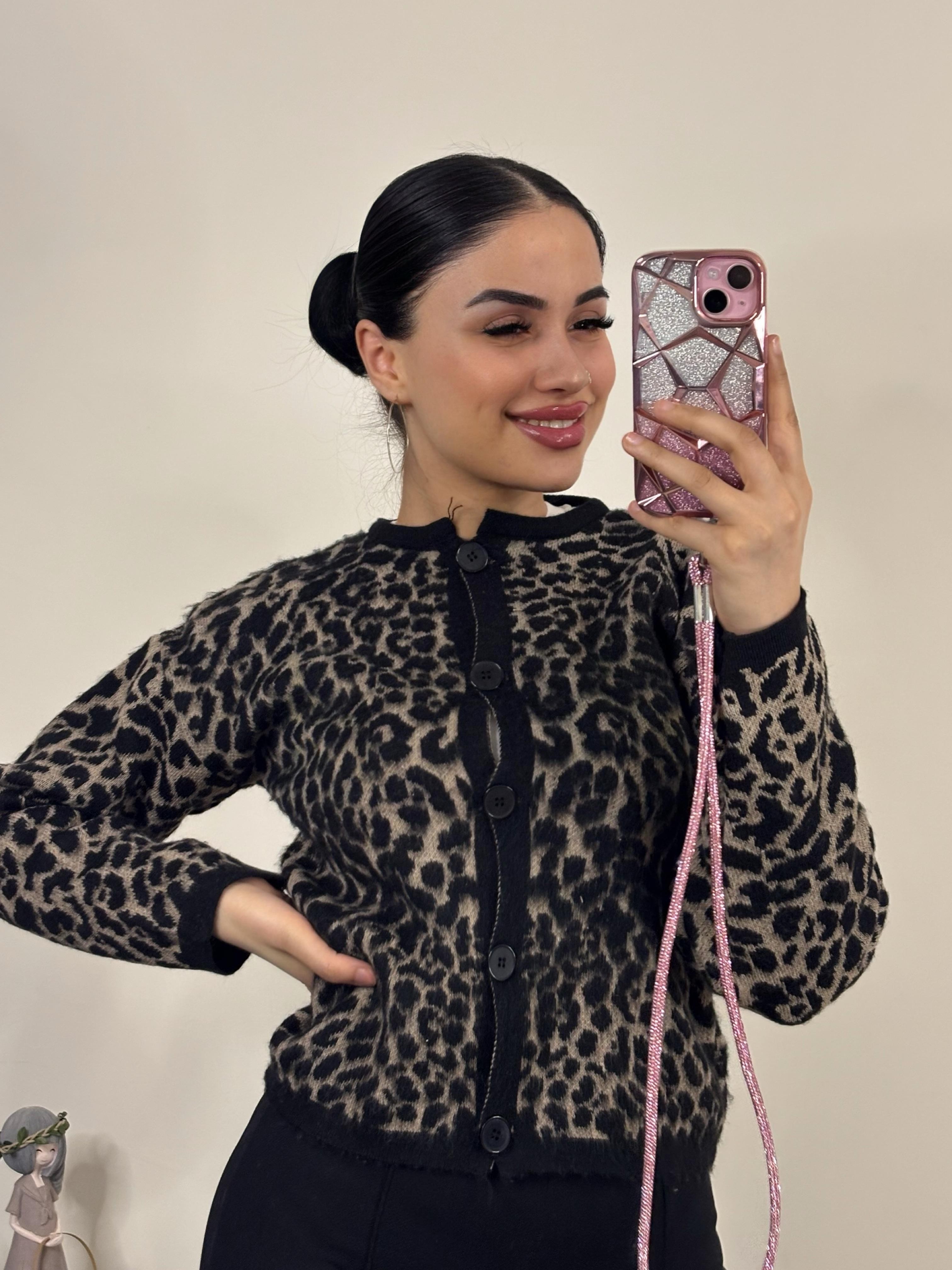 Kahve Leopar Desenli Hırka 