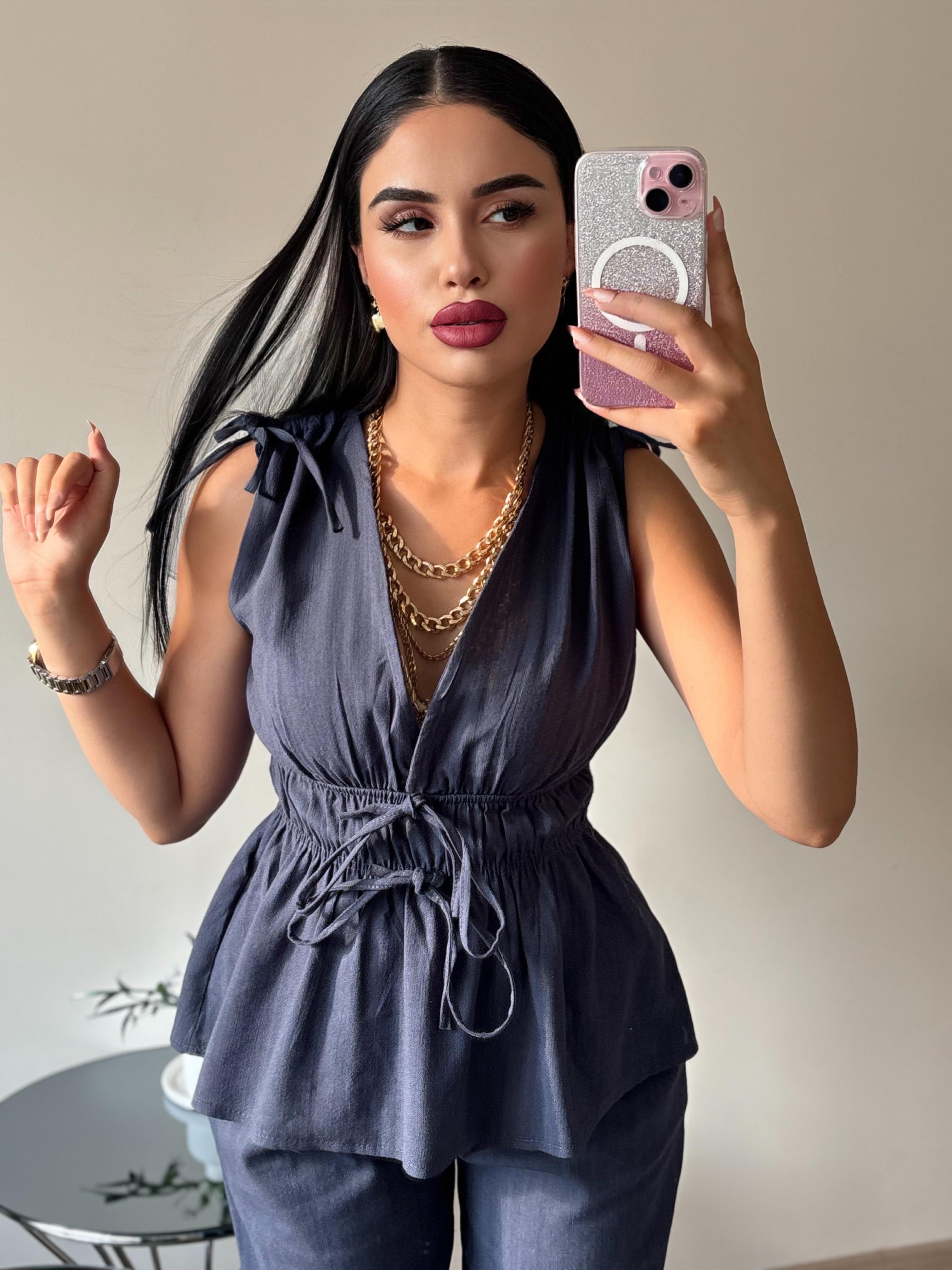Lacivert Lastik Detaylı Bluz Pantolon Takım