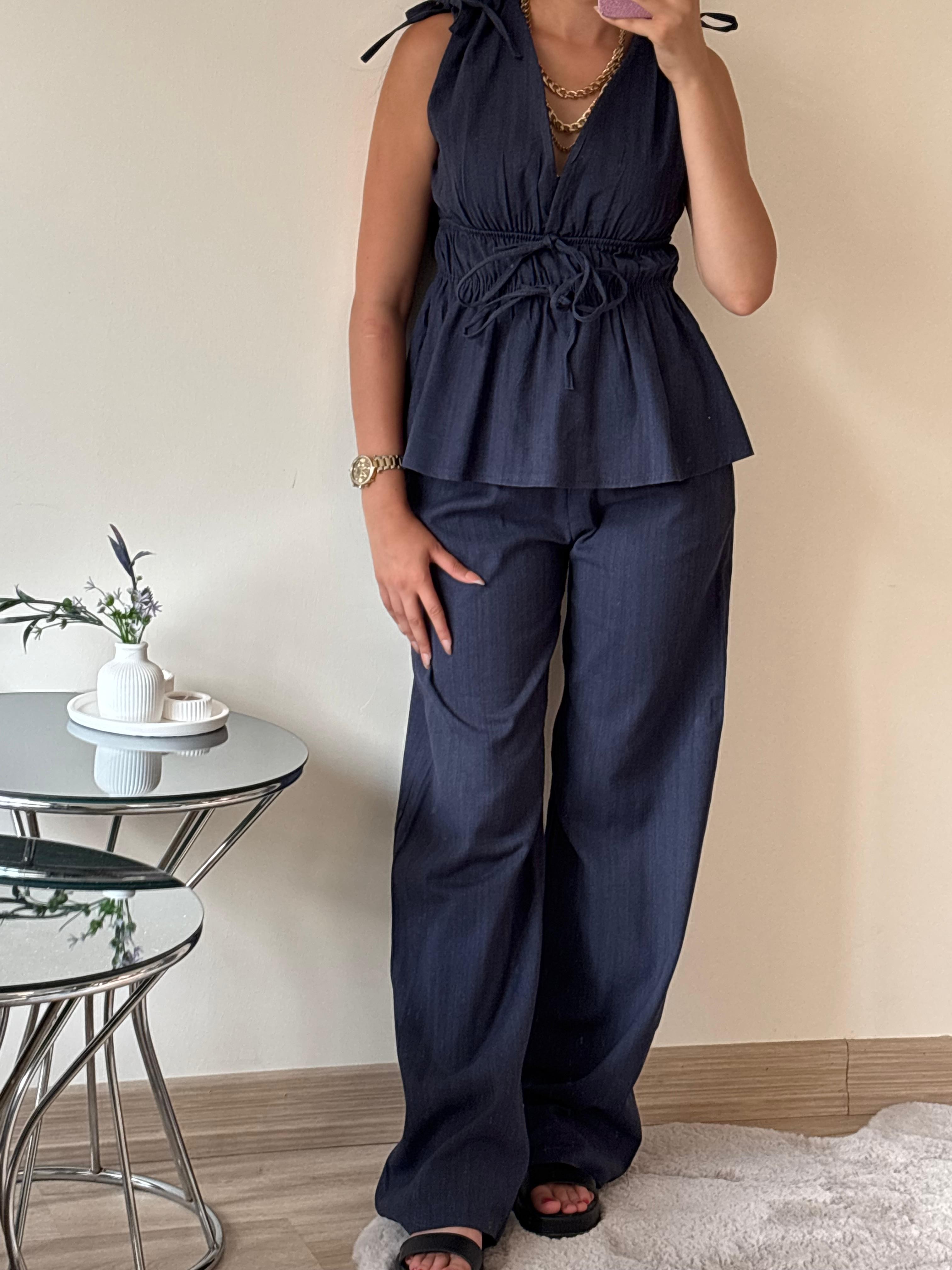 Lacivert Lastik Detaylı Bluz Pantolon Takım