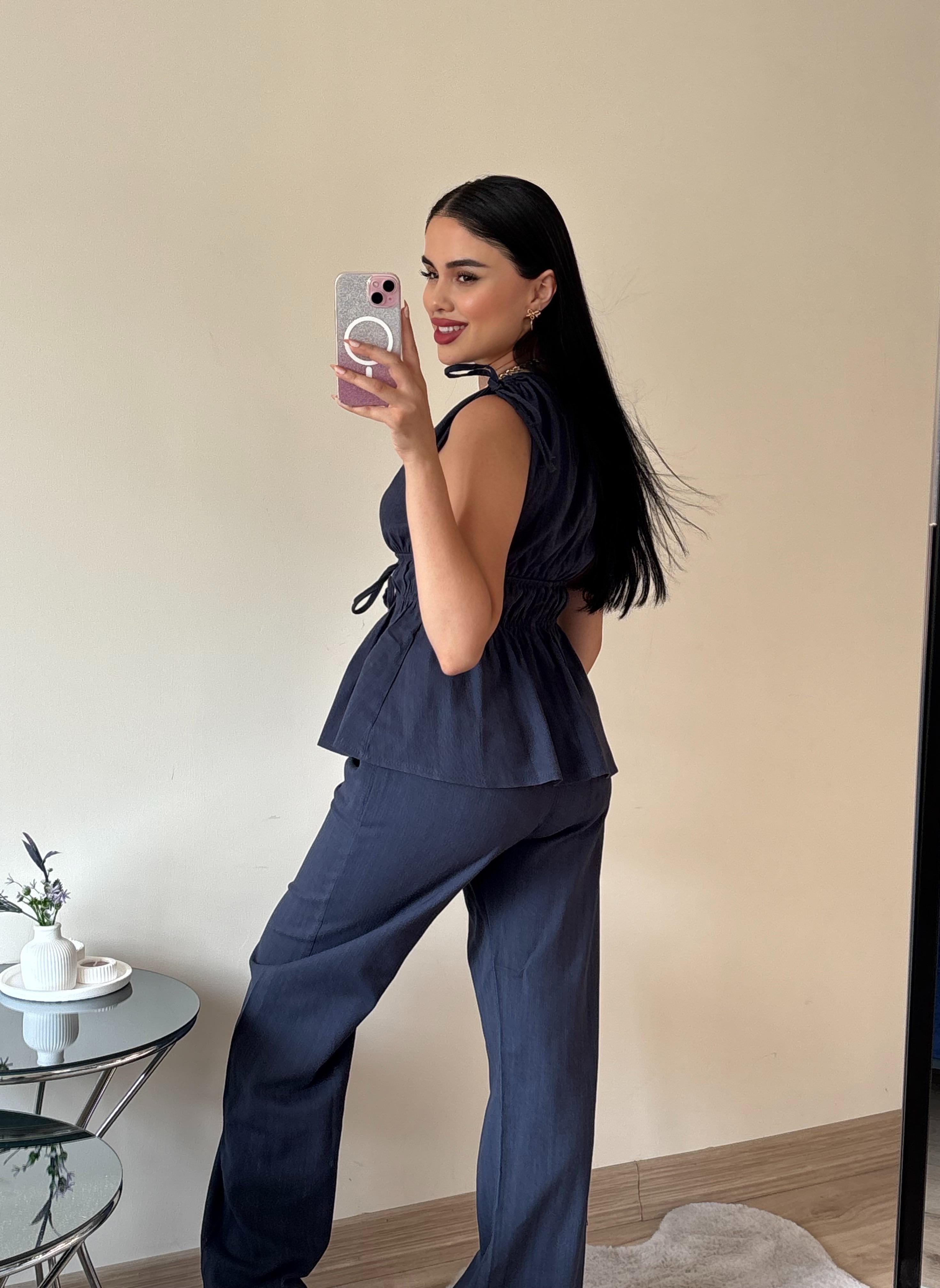 Lacivert Lastik Detaylı Bluz Pantolon Takım