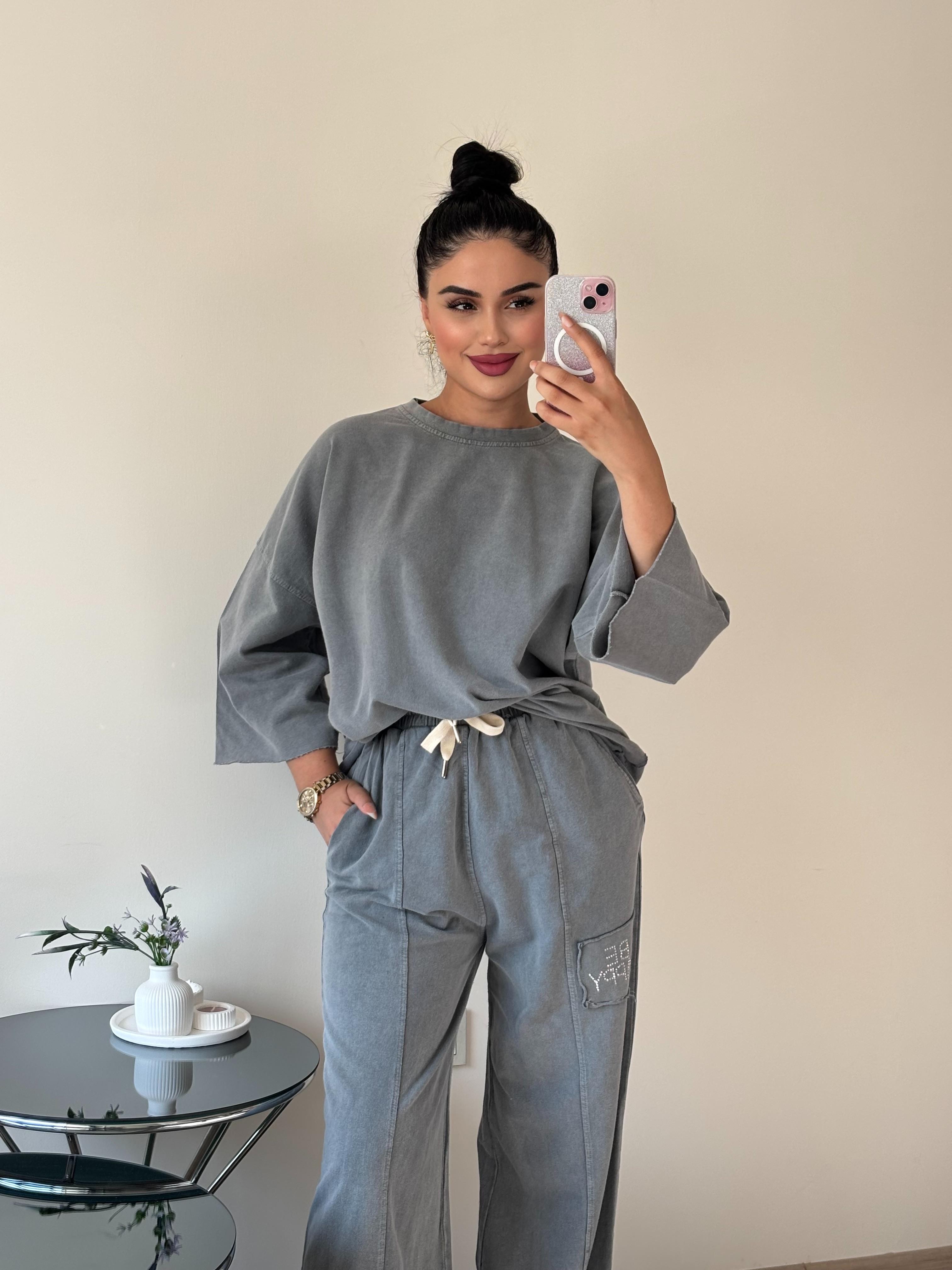2 İplik %100 Pamuk Kumaş Yıkamalı Taşlı Oversize StoneFit Takım Gri