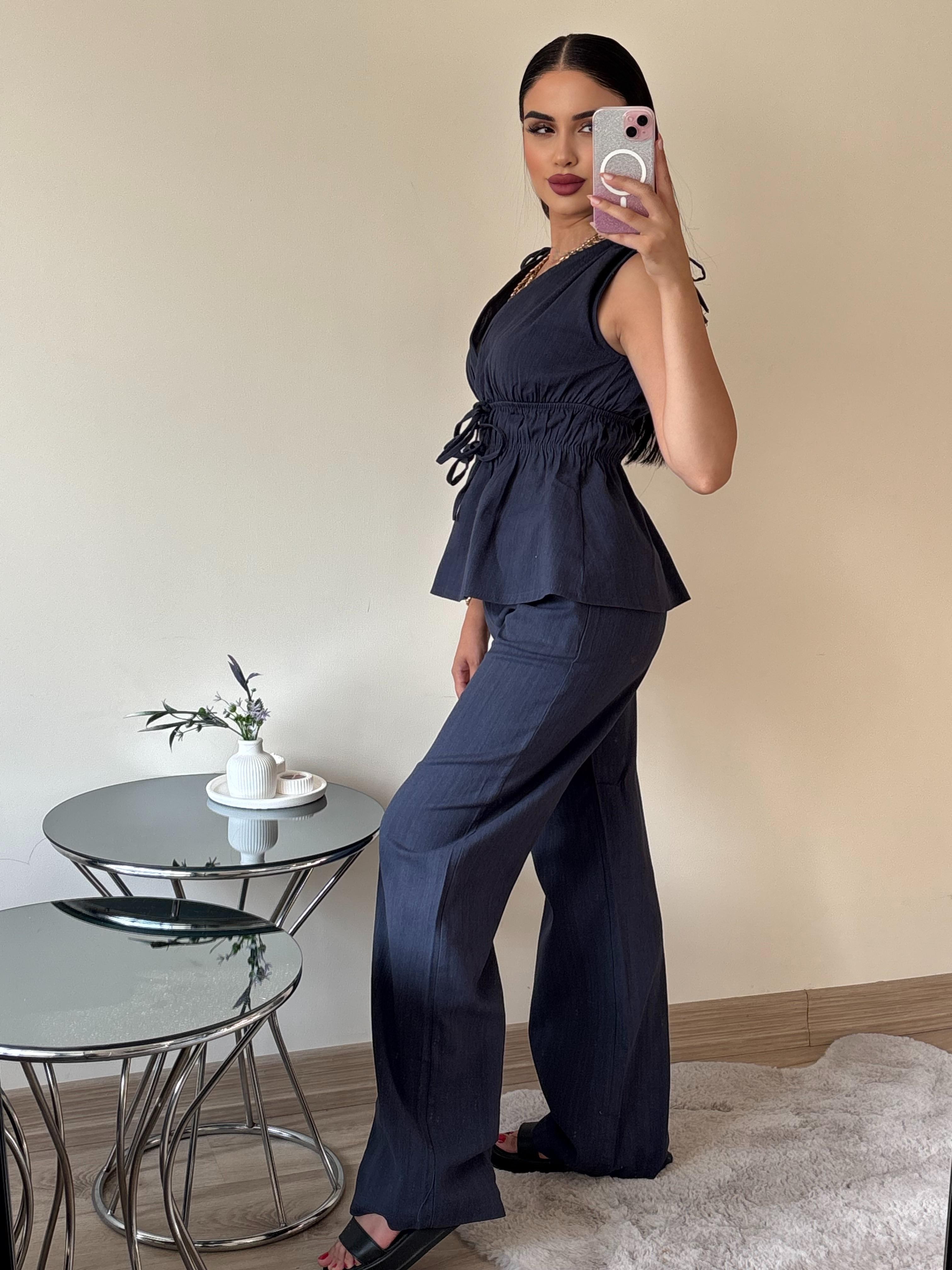 Lacivert Lastik Detaylı Bluz Pantolon Takım