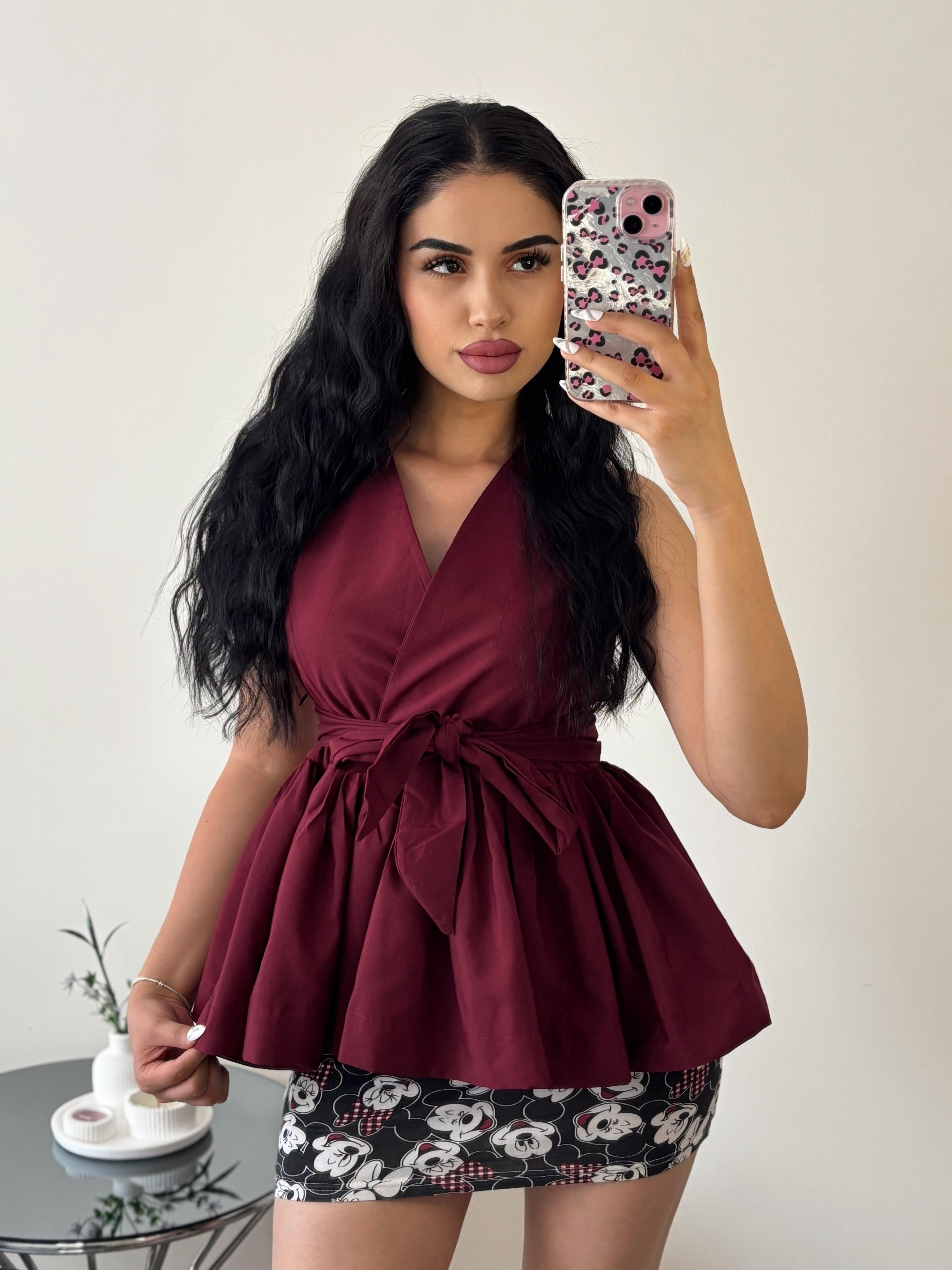 V Yaka Bordo Fırfırlı Bluz 