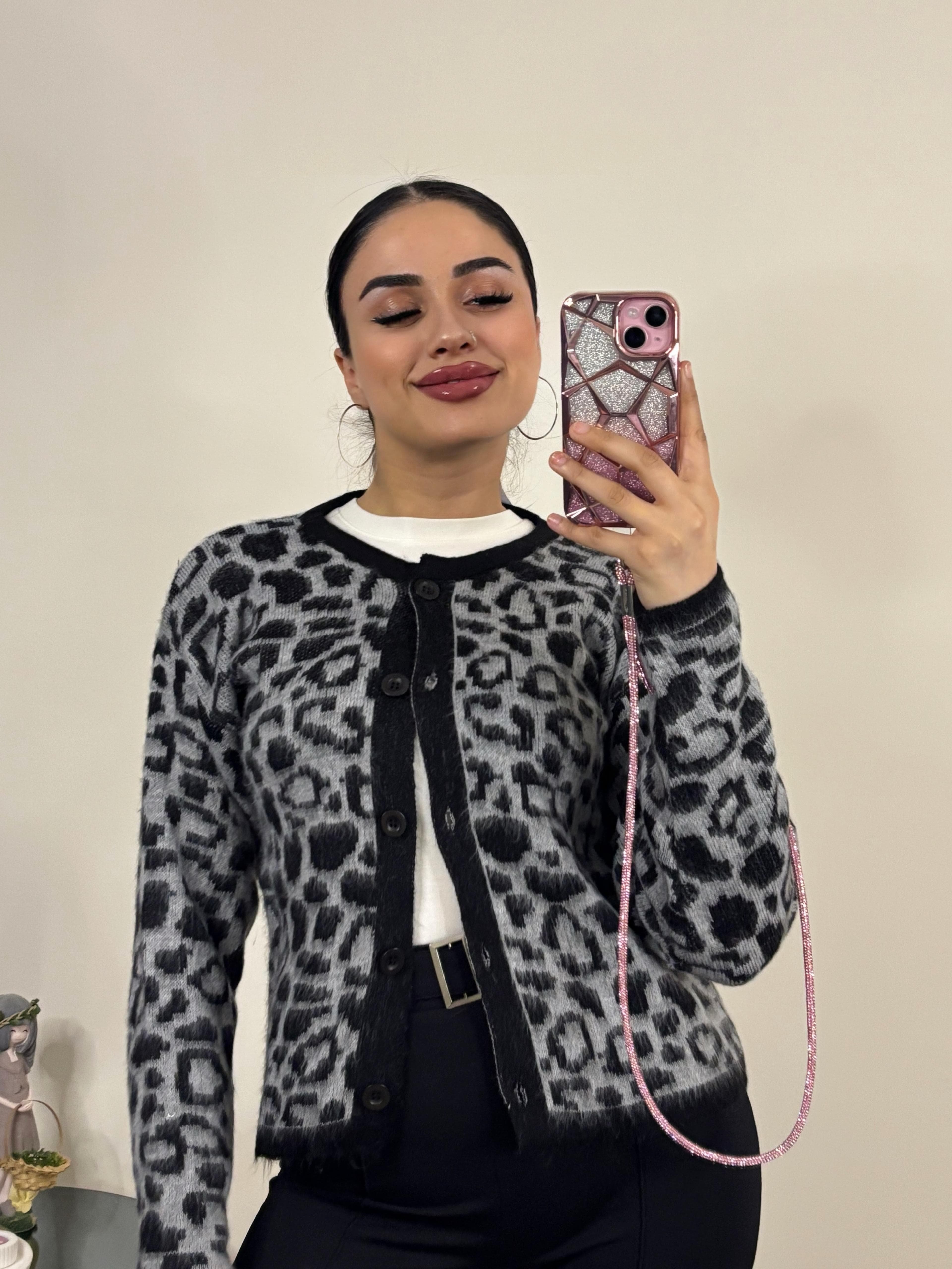 Gri Leopar Desenli Hırka 