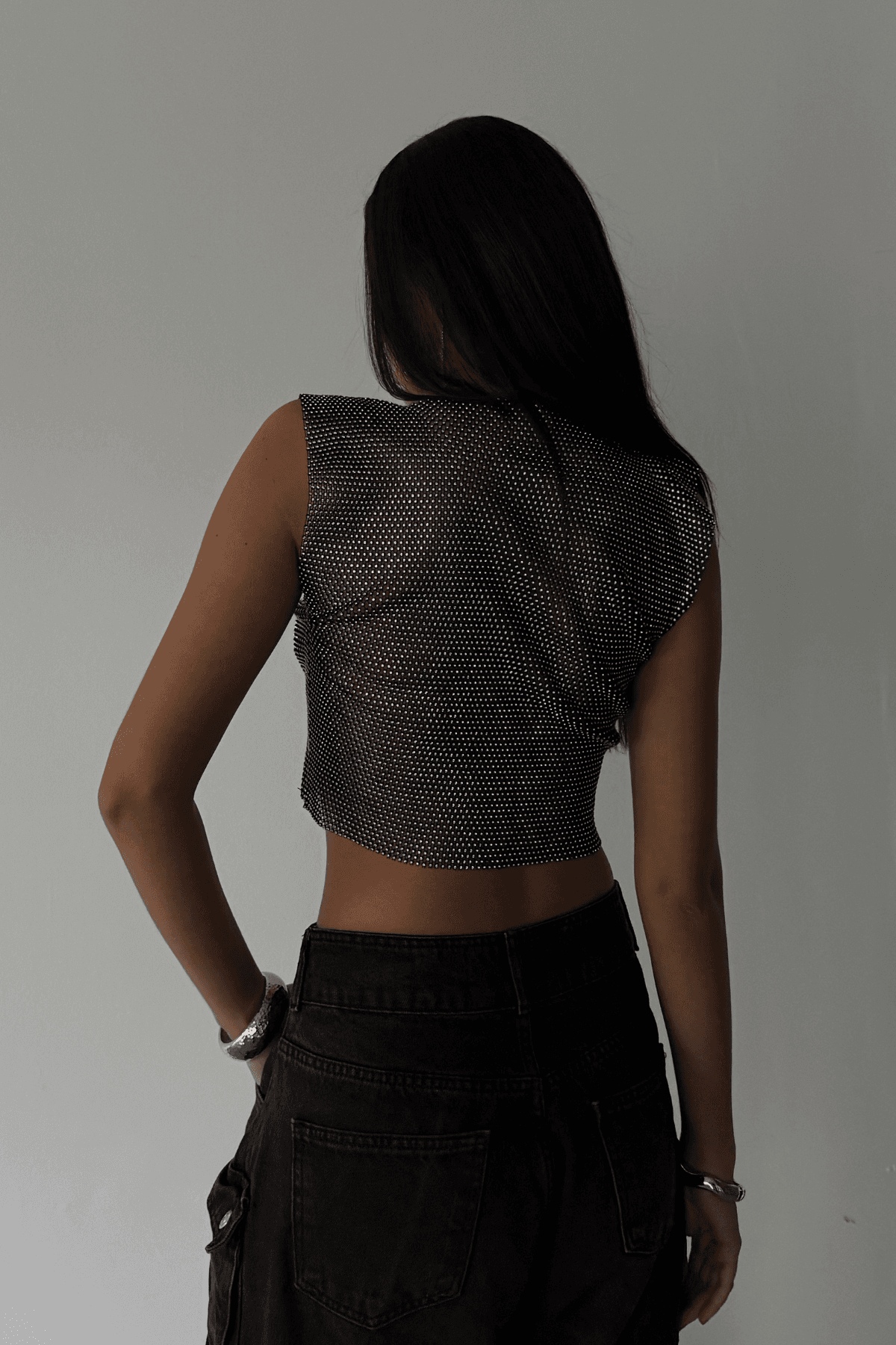 Taşlı Likralı Kolsuz Crop Bluz
