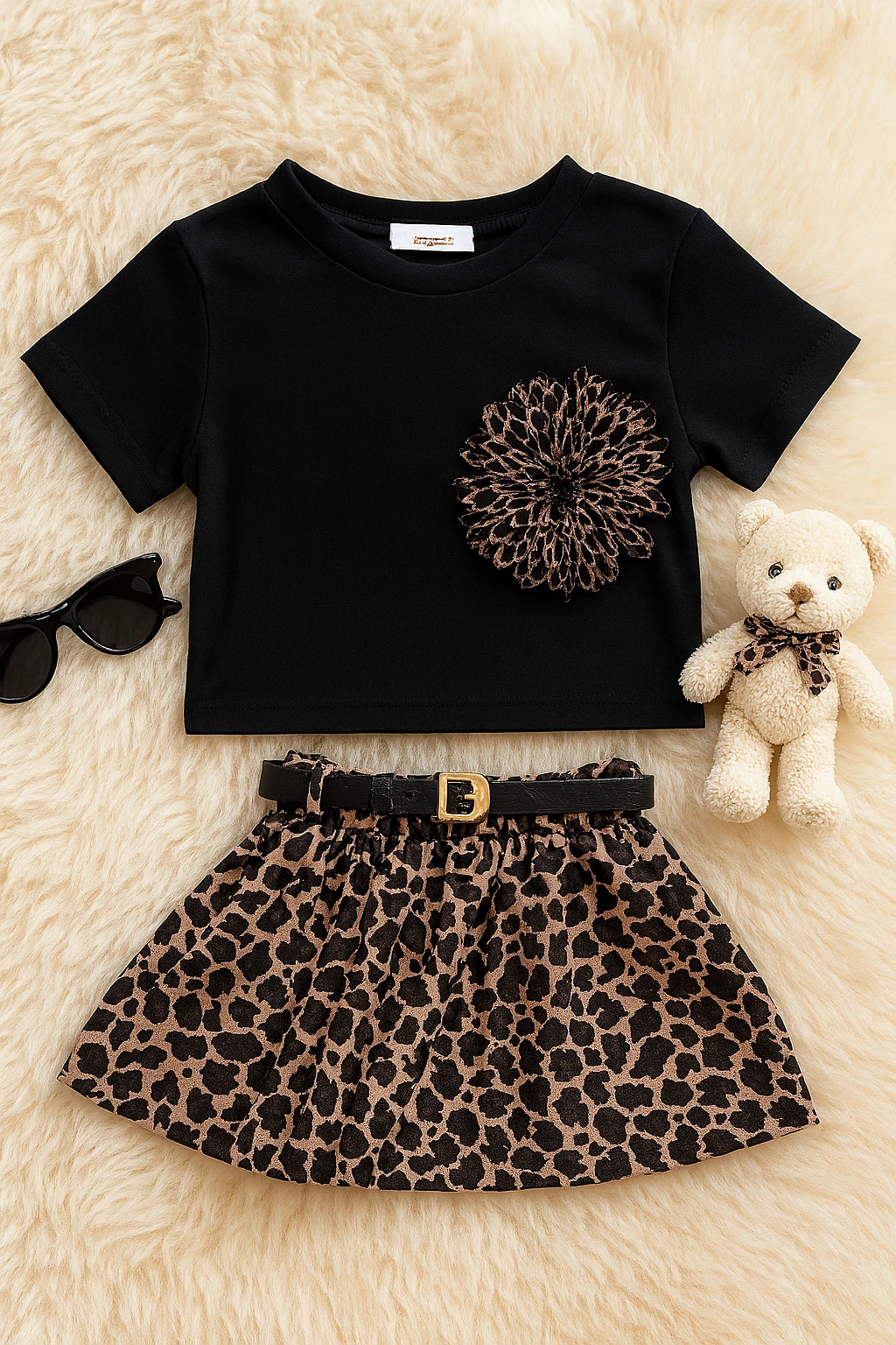 Leopar Aksesuarlı Kemerli Etekli Takım