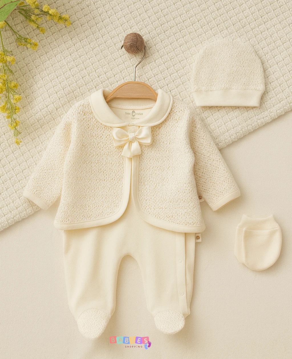 Örme Pelerinli 3'lü Tulum Seti - Krem