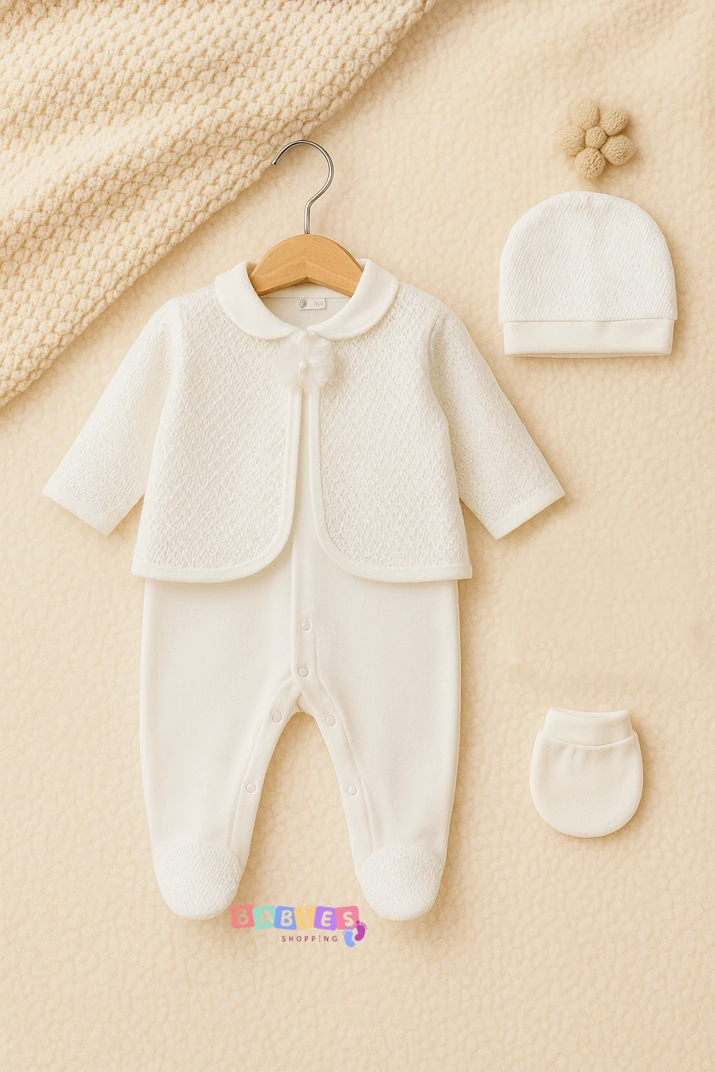 Örme Pelerinli 3'lü Tulum Seti - Ekru