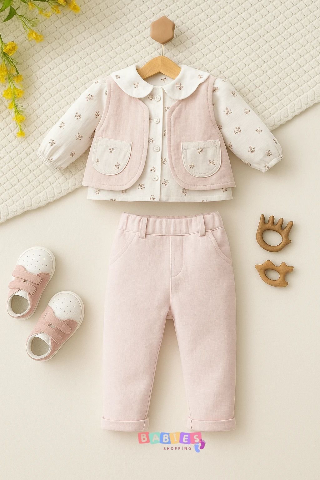 Ay Çiçekli 3'lü Müslin Takım - Pembe