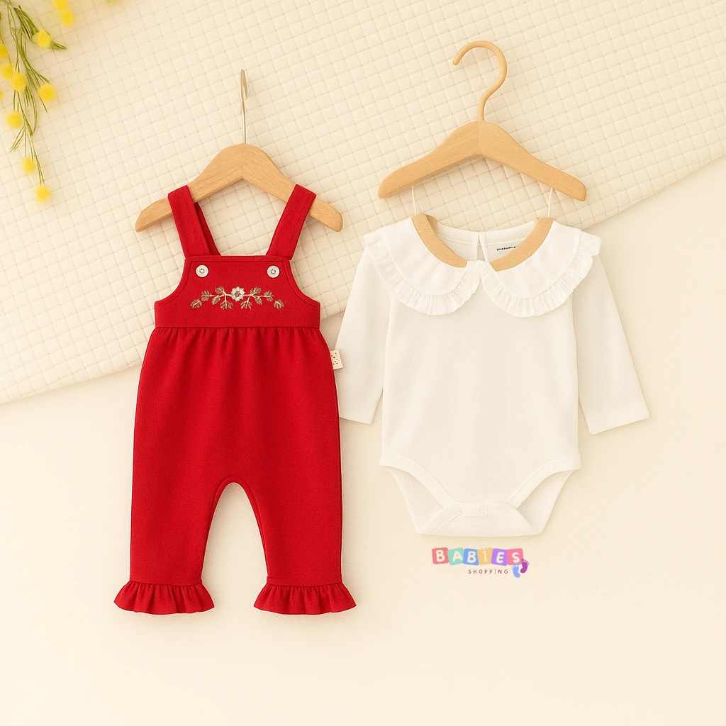 Gül Nakışlı Salopetli 2'li Takım - Kırmızı