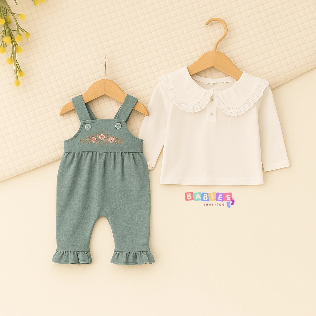 Gül Nakışlı Salopetli 2'li Takım - Çağla Yeşili