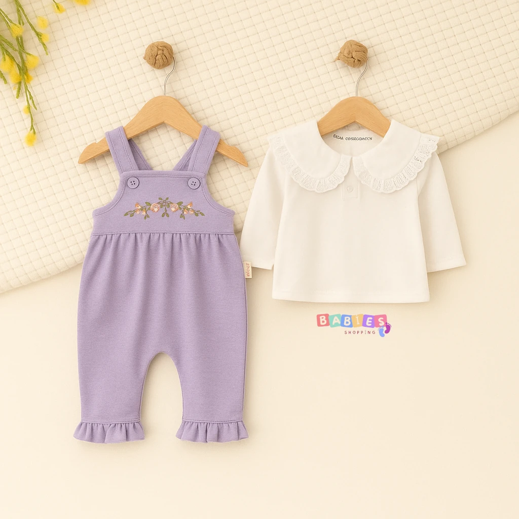 Gül Nakışlı Salopetli 2'li Takım - Lila