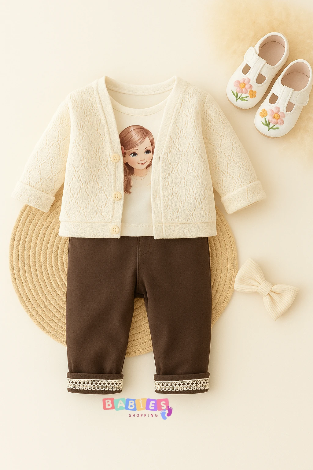 Dantel Hırkalı 3'lü Takım - Kahverengi