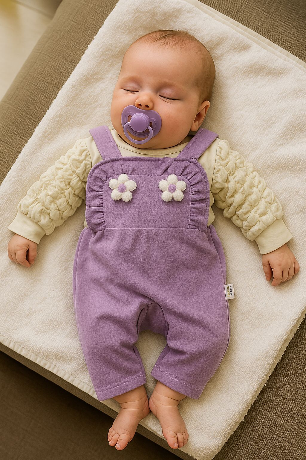 Şişme Kol Detaylı Papatyalı 2'li Salopet Tulum Set - Lila